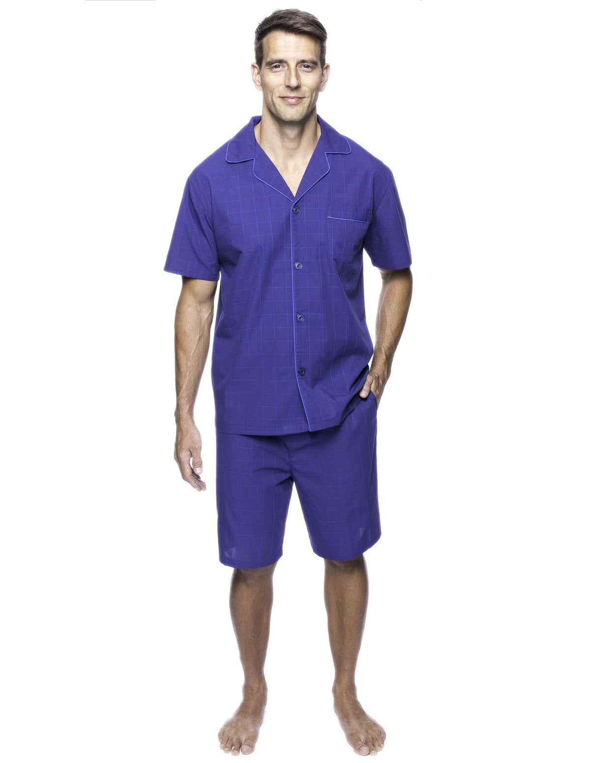 Men's 100% Woven Cotton Short Pajama Sleepwear Set - Windowpane Checks Blue