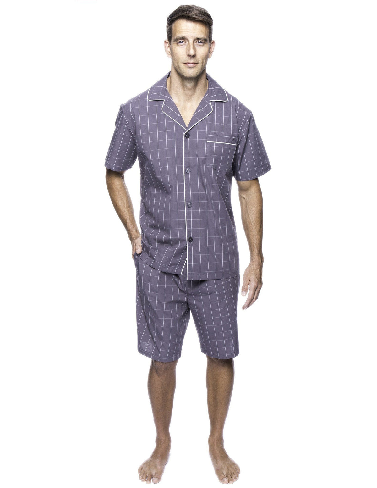 Men's 100% Woven Cotton Short Pajama Sleepwear Set - Windowpane Checks Grey