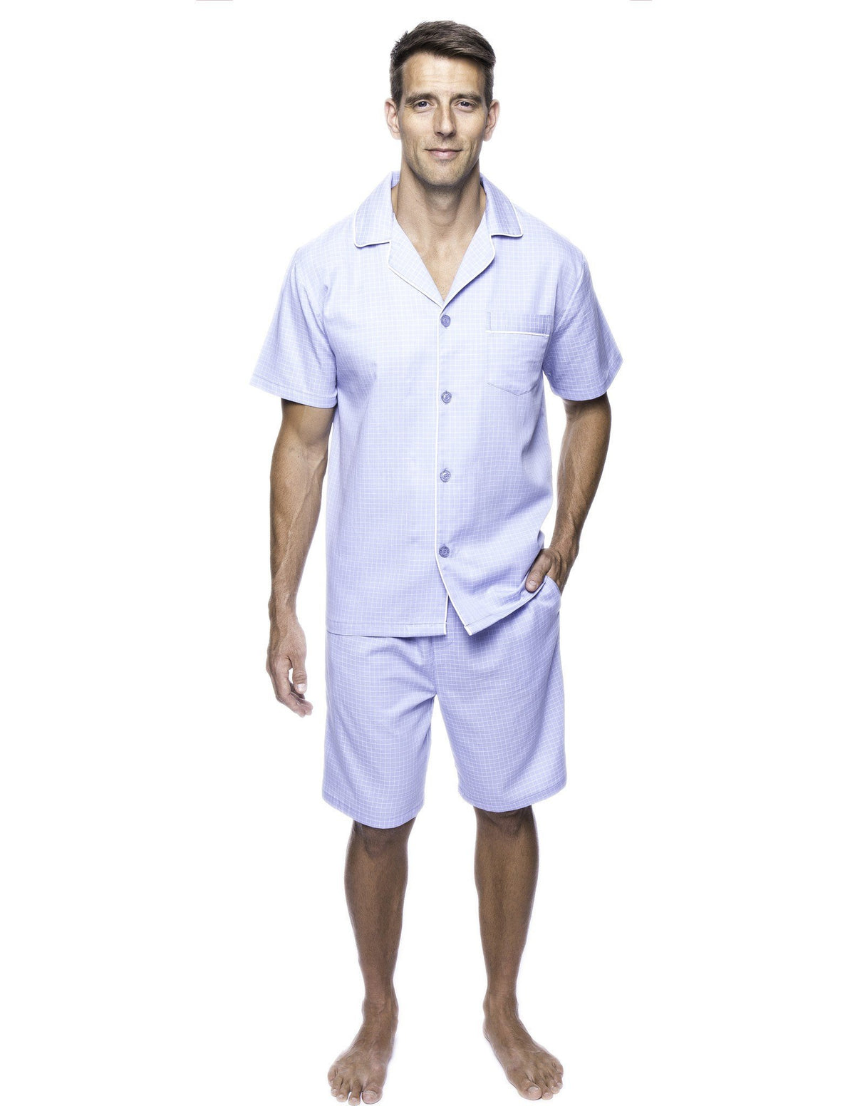Men's 100% Woven Cotton Short Pajama Sleepwear Set - Micro Checks Light Blue