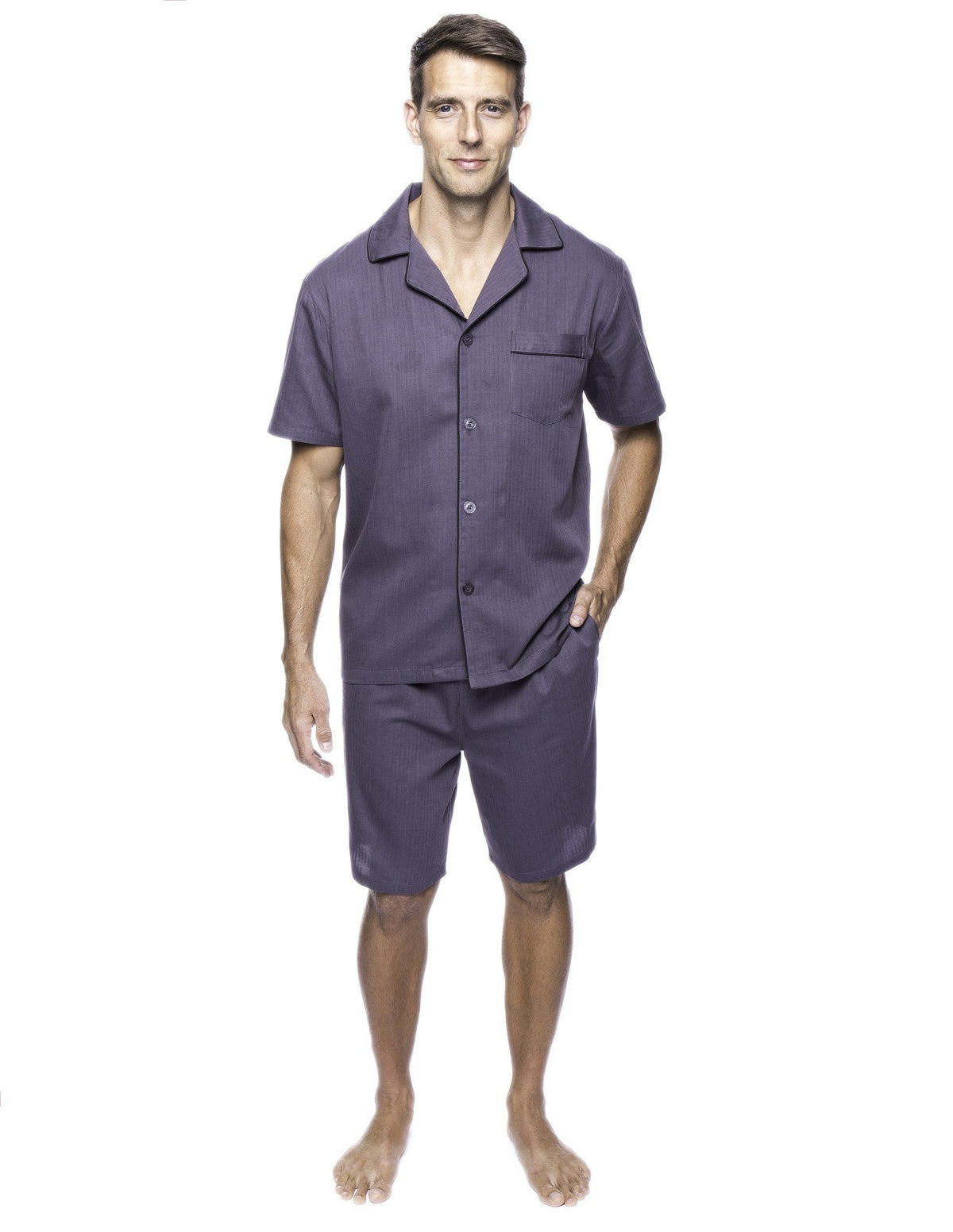 Men's 100% Woven Cotton Short Pajama Sleepwear Set - Herringbone Dark Grey