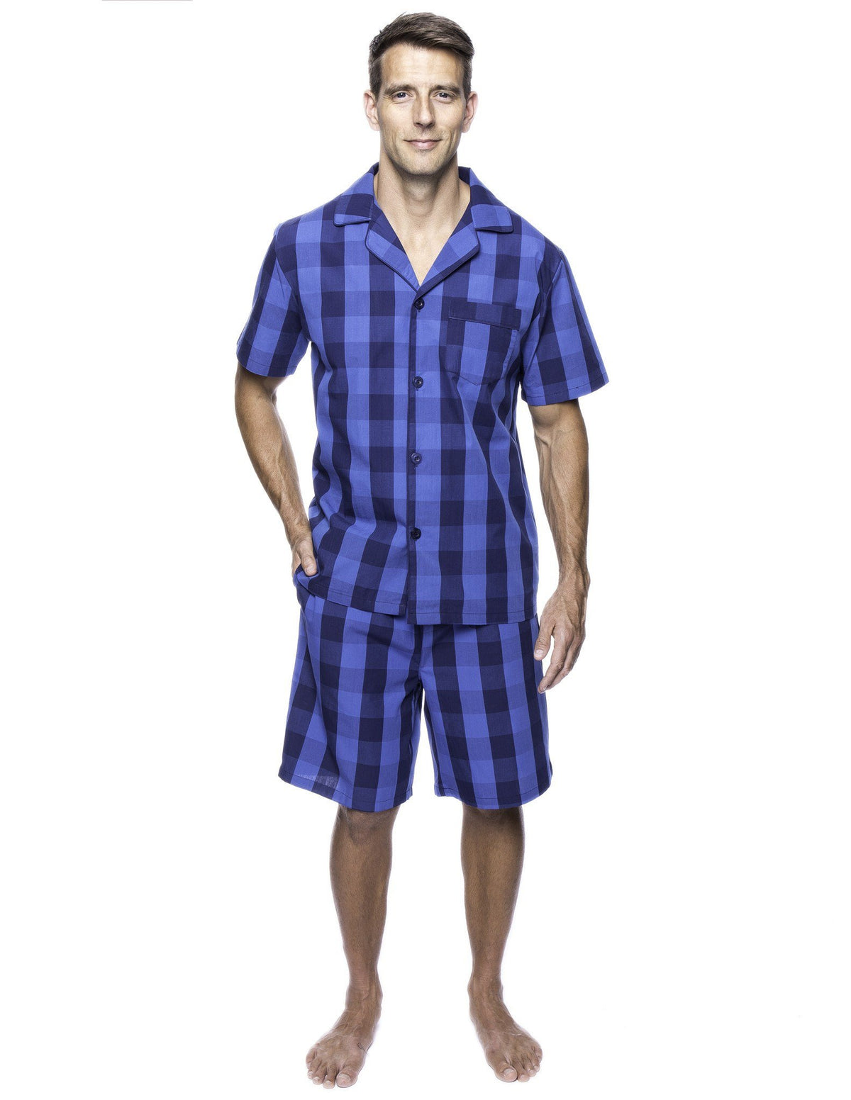 Men's 100% Woven Cotton Short Pajama Sleepwear Set - Gingham Navy/Blue