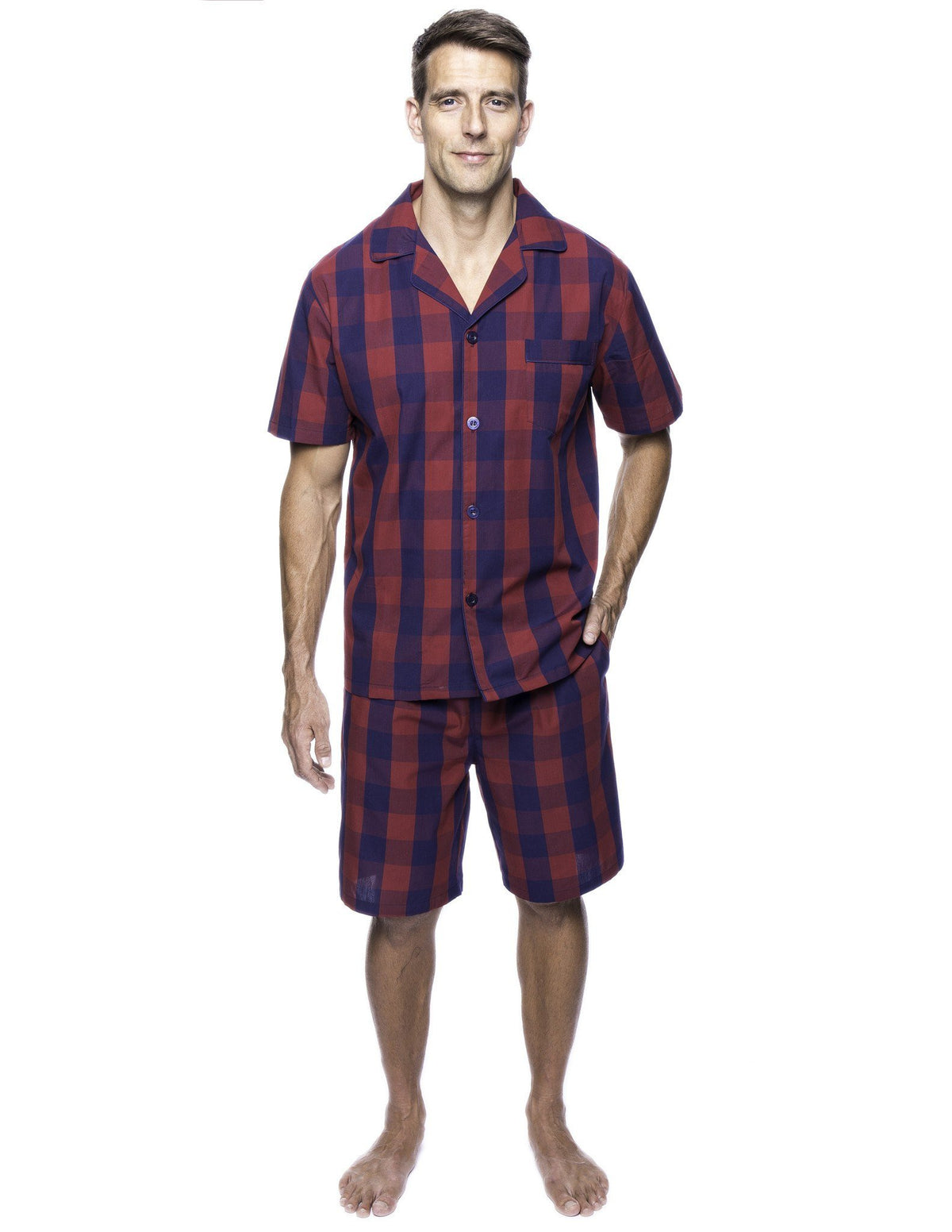 Men's 100% Woven Cotton Short Pajama Sleepwear Set - Gingham Red/Navy