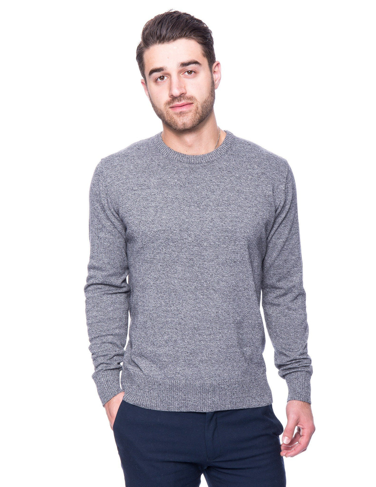 Men's Premium 100% Cotton Crew Neck Sweater - Marl Black/White