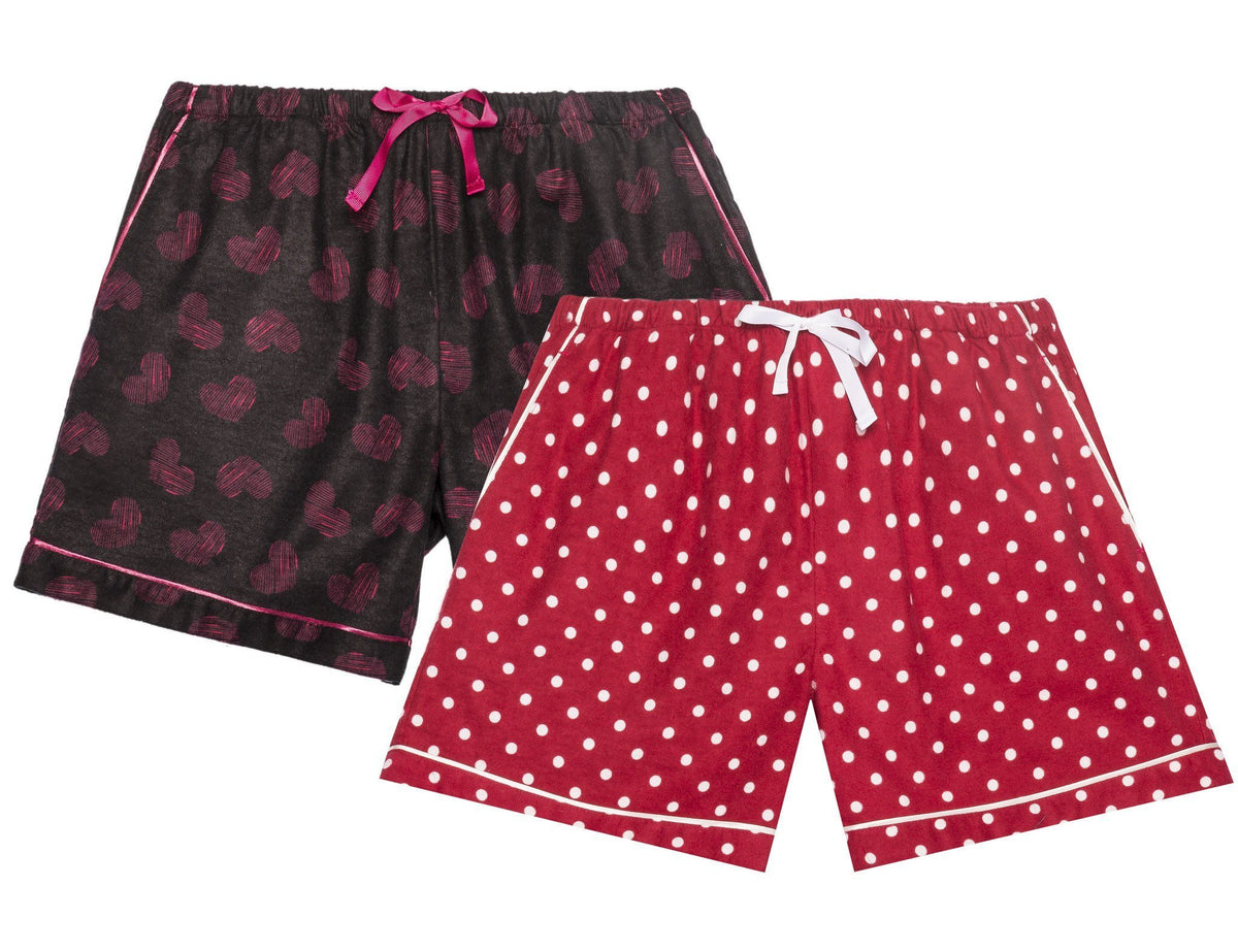 Women's Premium 100% Cotton Flannel Lounge Shorts 2-Pack - Dots Diva-Hearts Red