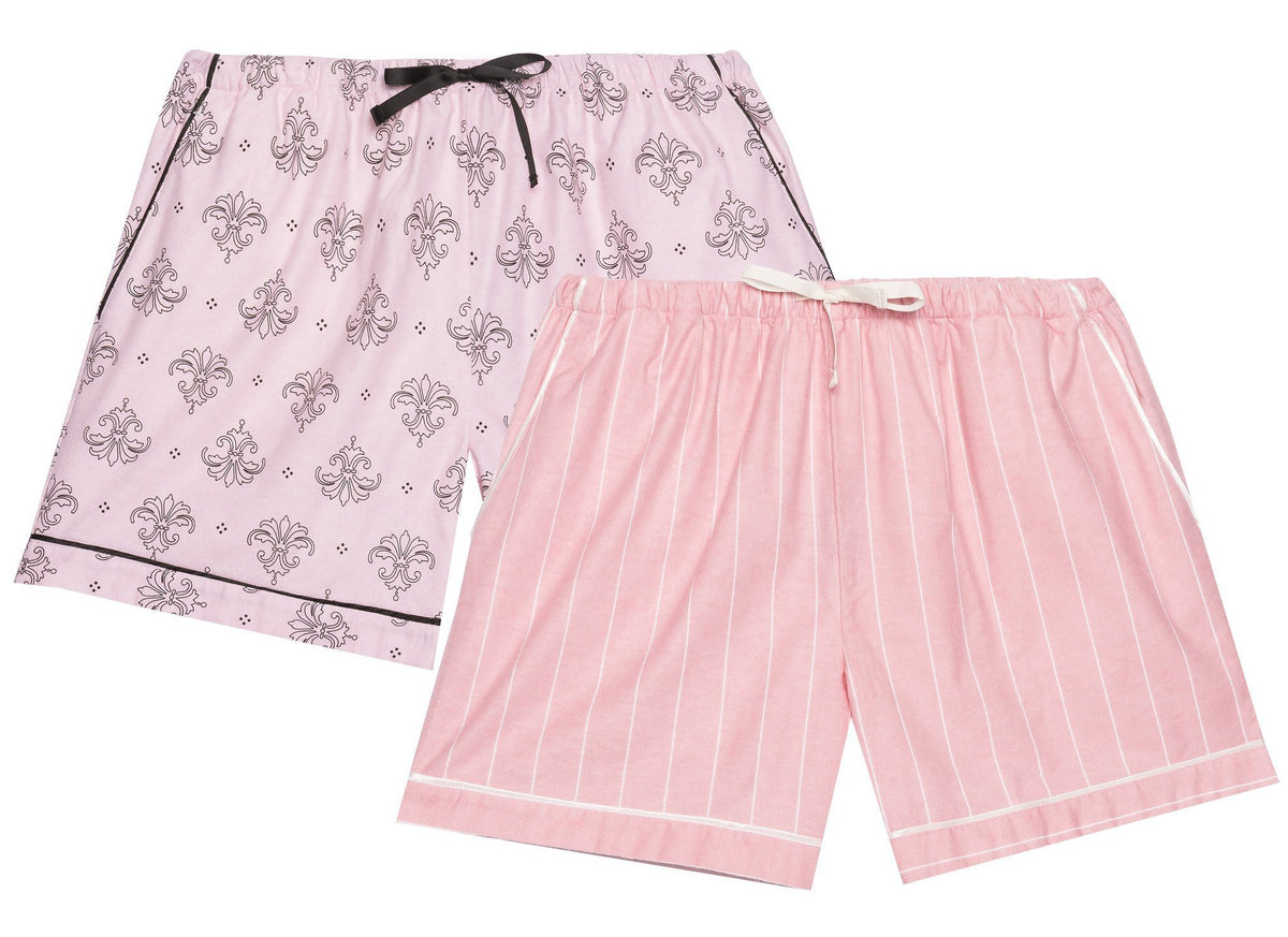 Women's Premium 100% Cotton Flannel Lounge Shorts 2-Pack - Stripe-Fleur Pink