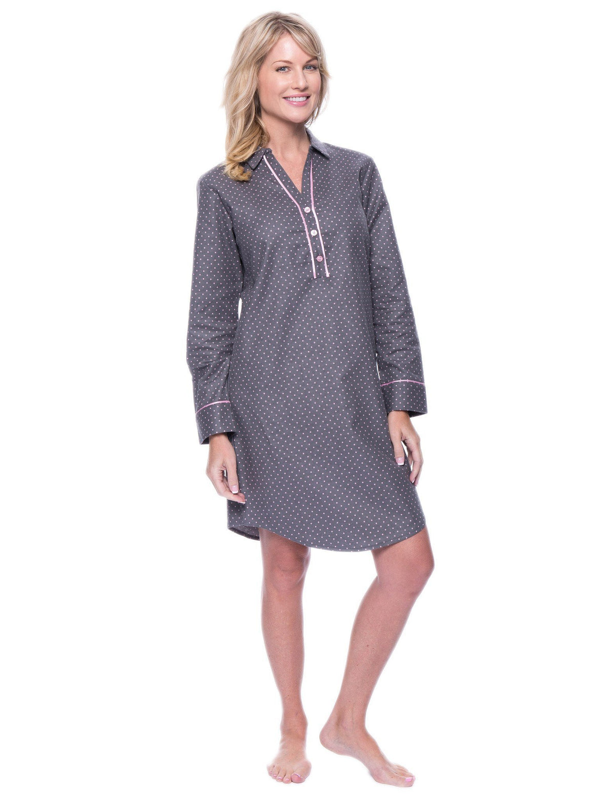 Womens Premium 100% Cotton Flannel Long Sleeve Sleep Shirt - Pindots Charcoal