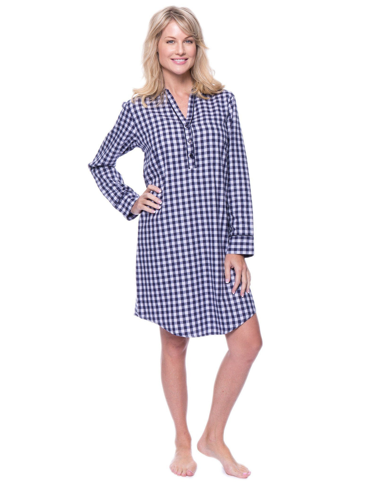 Womens Premium 100% Cotton Flannel Long Sleeve Sleep Shirt - Gingham Blue/Heather