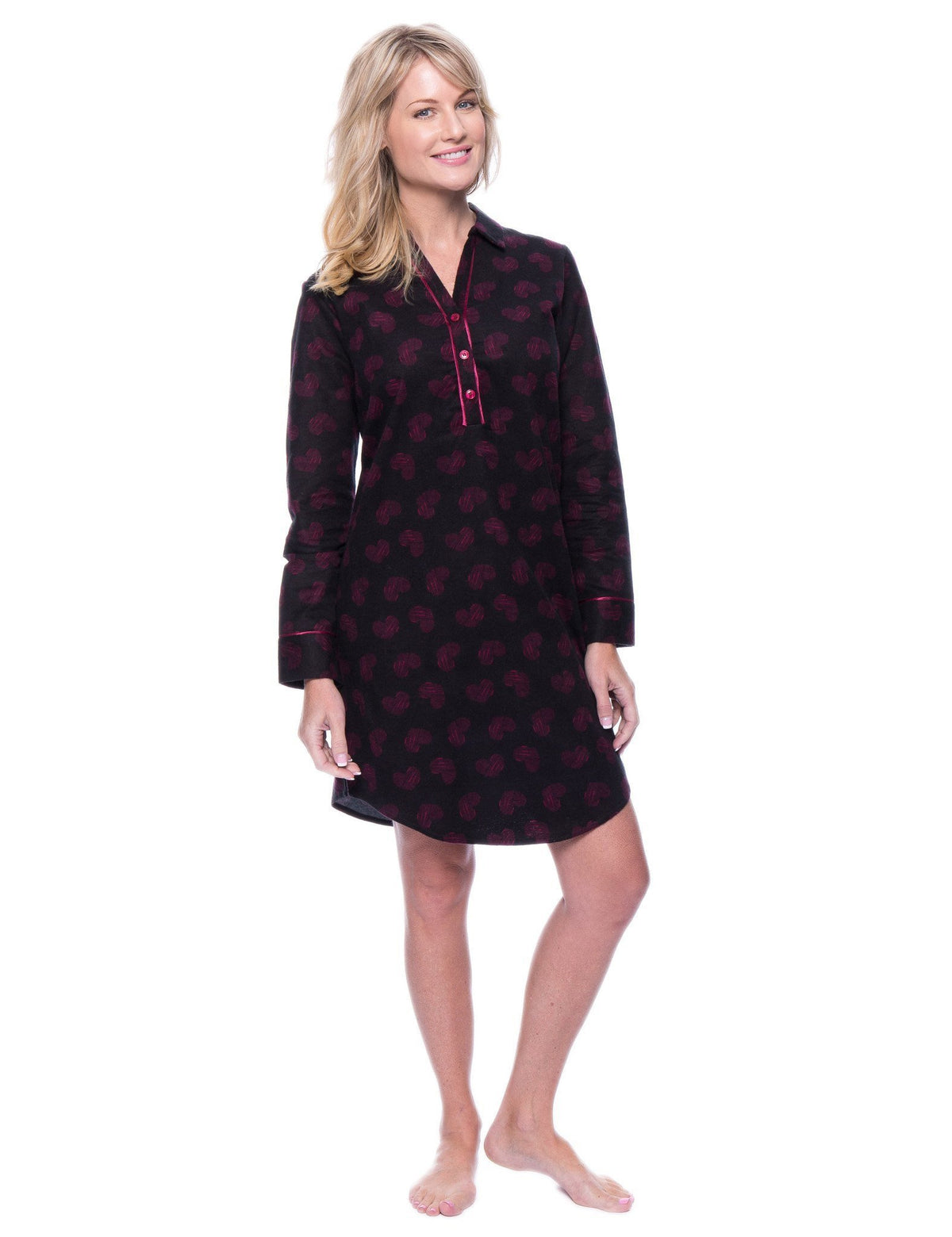 Womens Premium 100% Cotton Flannel Long Sleeve Sleep Shirt - Hearts Black/Red
