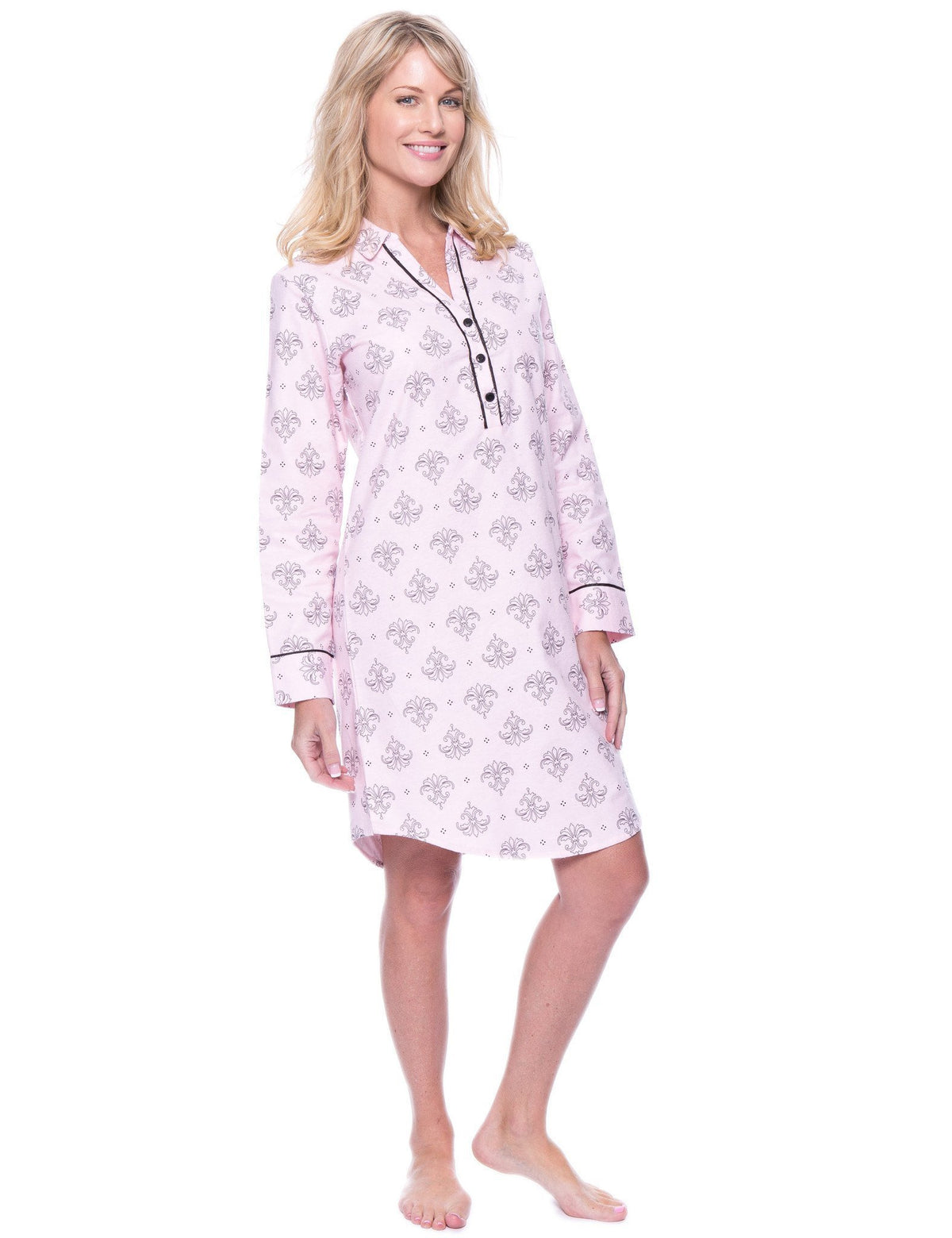 Womens Premium 100% Cotton Flannel Long Sleeve Sleep Shirt - Fleur Pink/Black