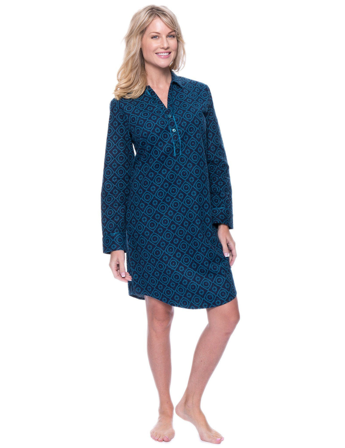 Womens Premium 100% Cotton Flannel Long Sleeve Sleep Shirt - Moroccan Navy/Teal