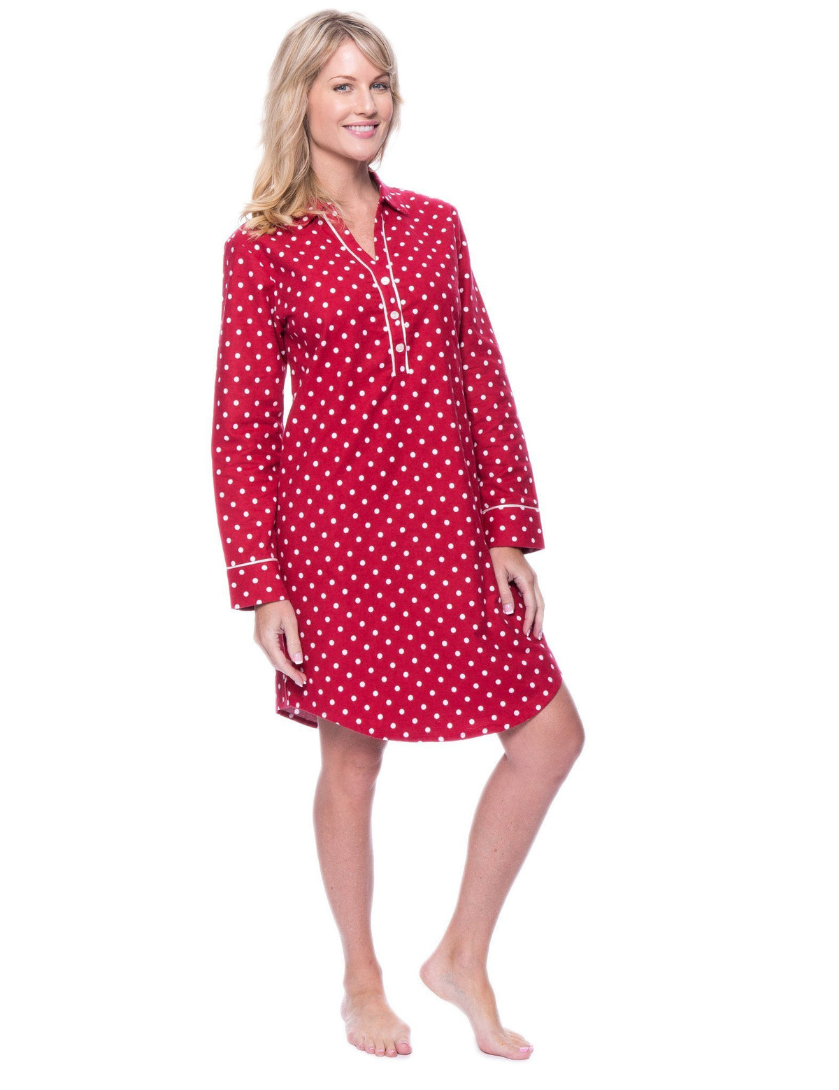 Womens Premium 100% Cotton Flannel Long Sleeve Sleep Shirt - Dots Diva Red