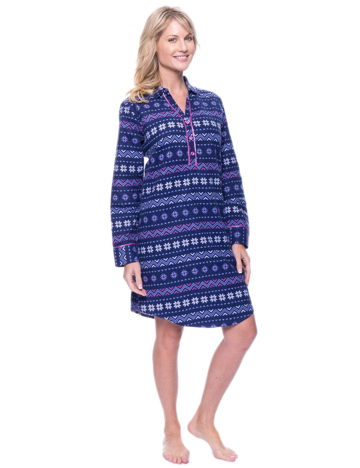 Womens Premium 100% Cotton Flannel Long Sleeve Sleep Shirt - Nordic Snowflakes Blue