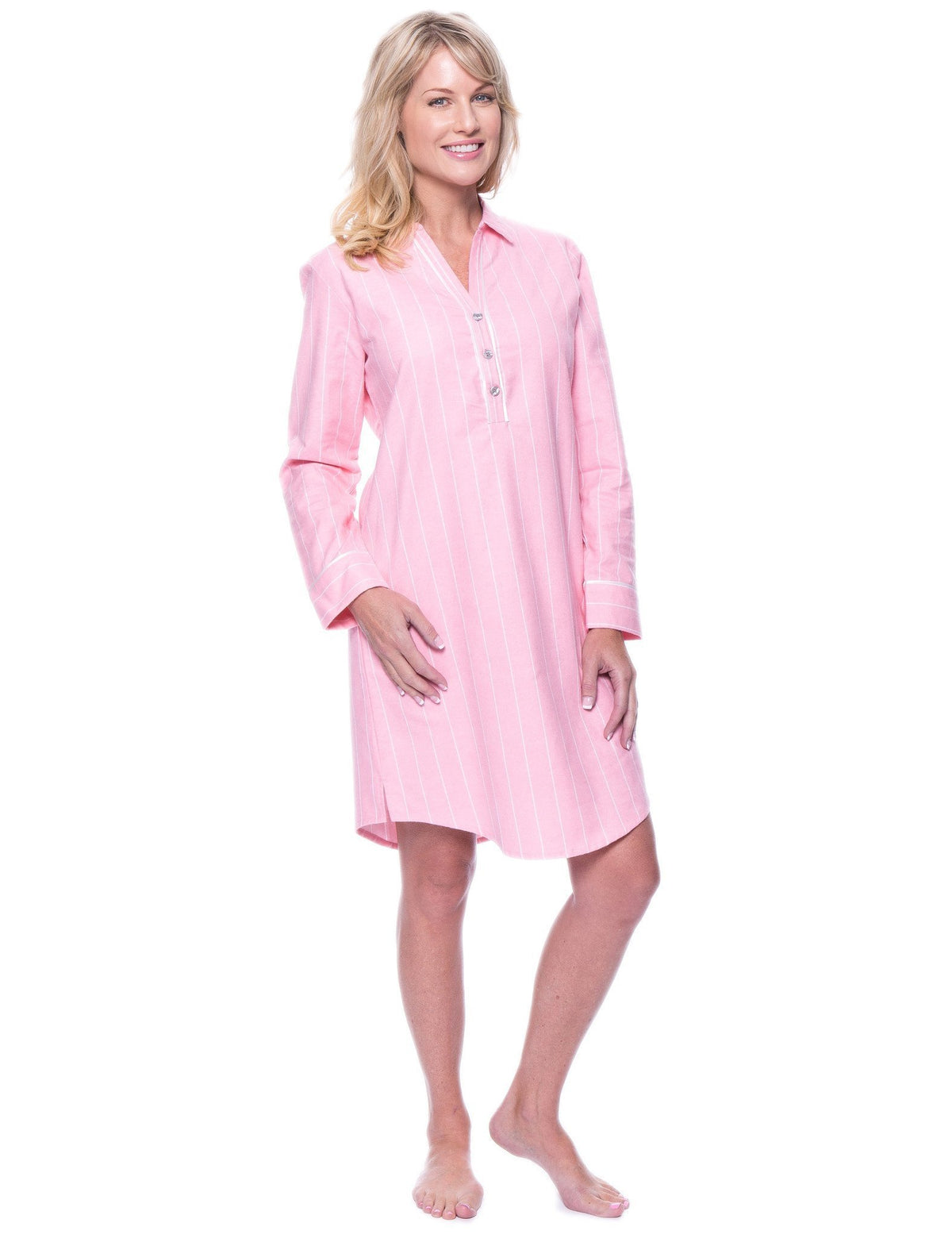 Womens Premium 100% Cotton Flannel Long Sleeve Sleep Shirt - Stripes Pink