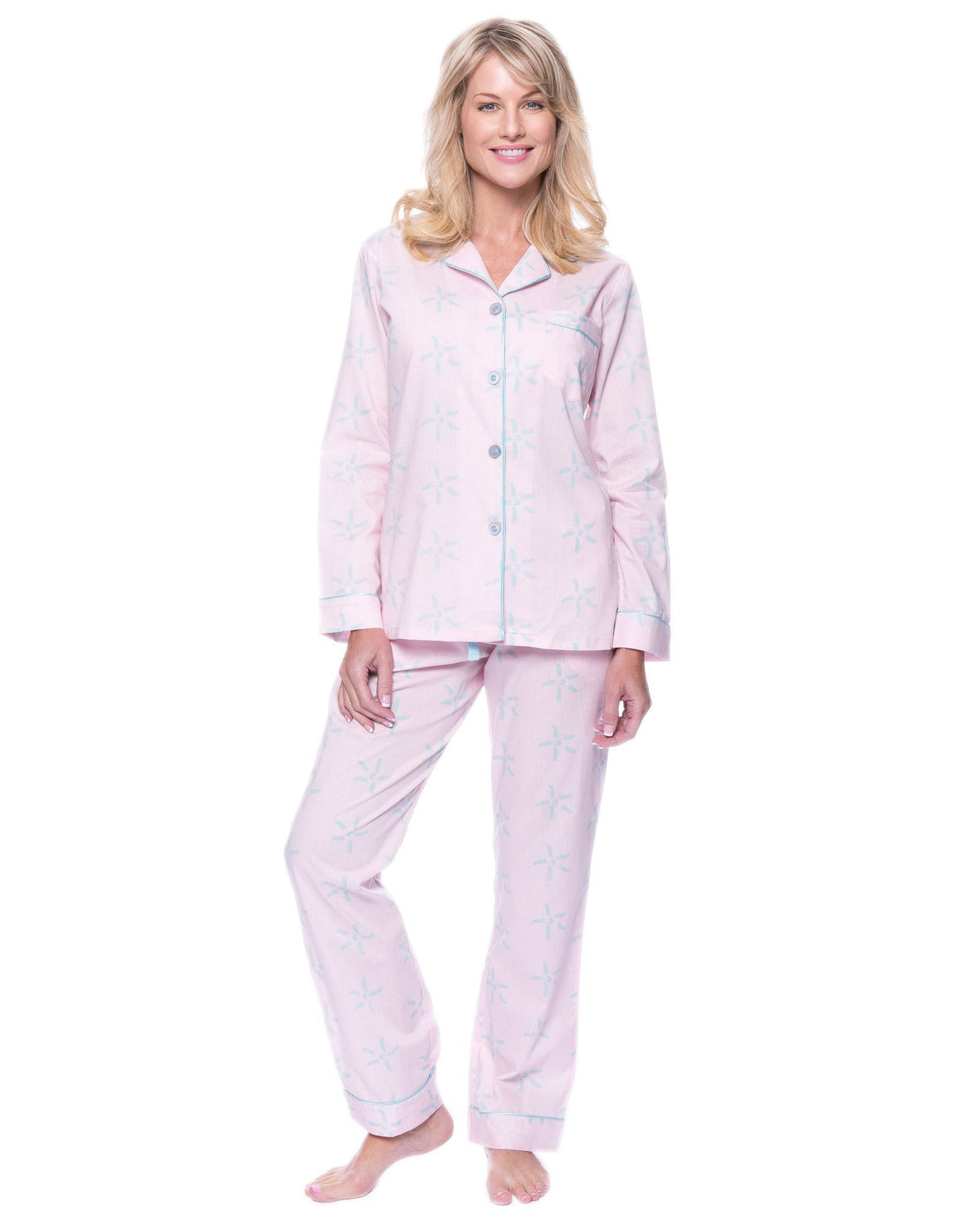 Women's Premium 100% Cotton Poplin Pajama Set - Starlight - Pink/Aqua