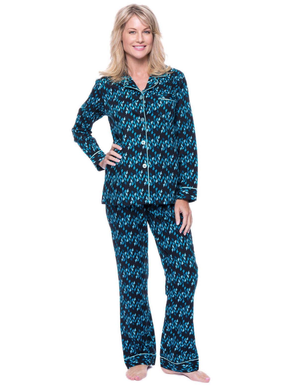 Women's Premium 100% Cotton Poplin Pajama Set - Hearts On Fire - Black