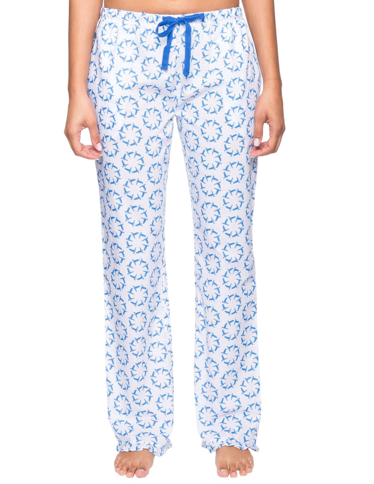 Womens Premium 100% Cotton Poplin Lounge/Sleep Pants - Humming Wheels - White/Blue