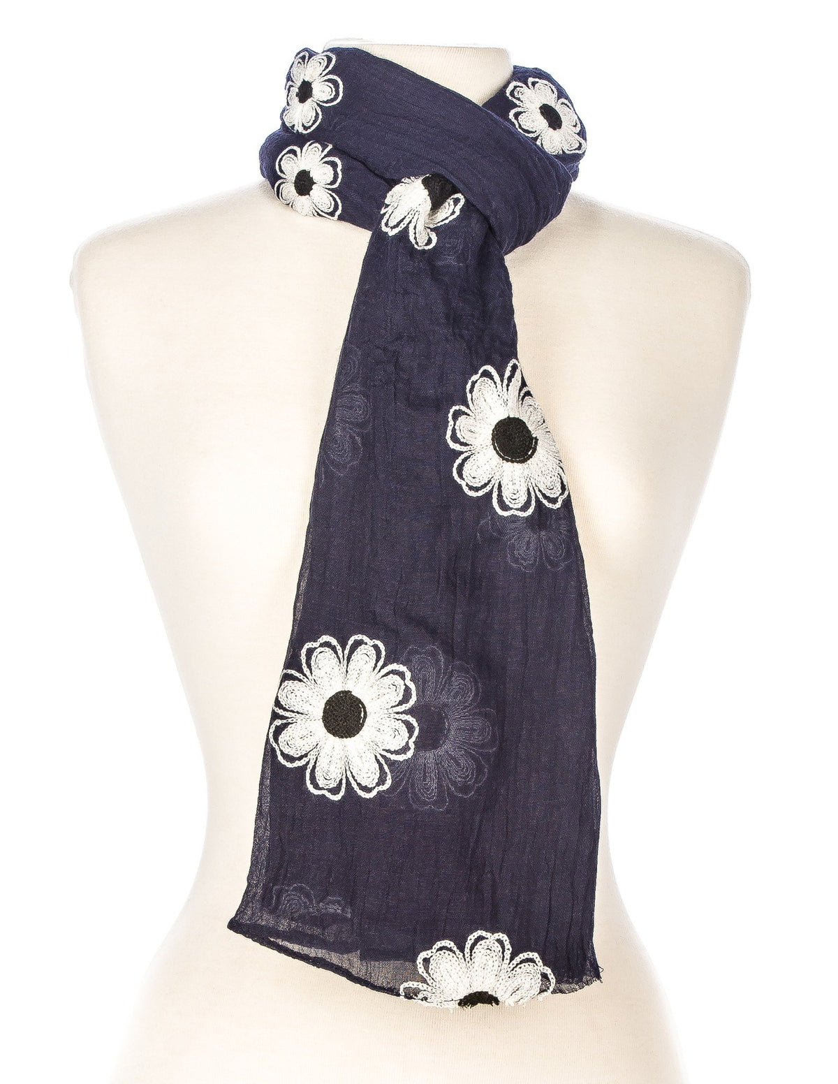 Embroidered Floral Spring Scarf - Navy