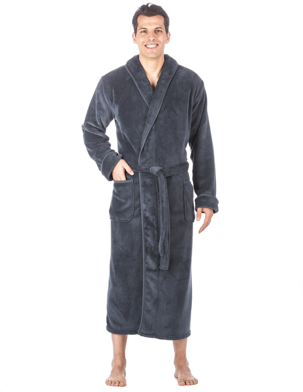 Men's Premium Coral Fleece Long Hooded Plush Spa/Bath Robe - Navy