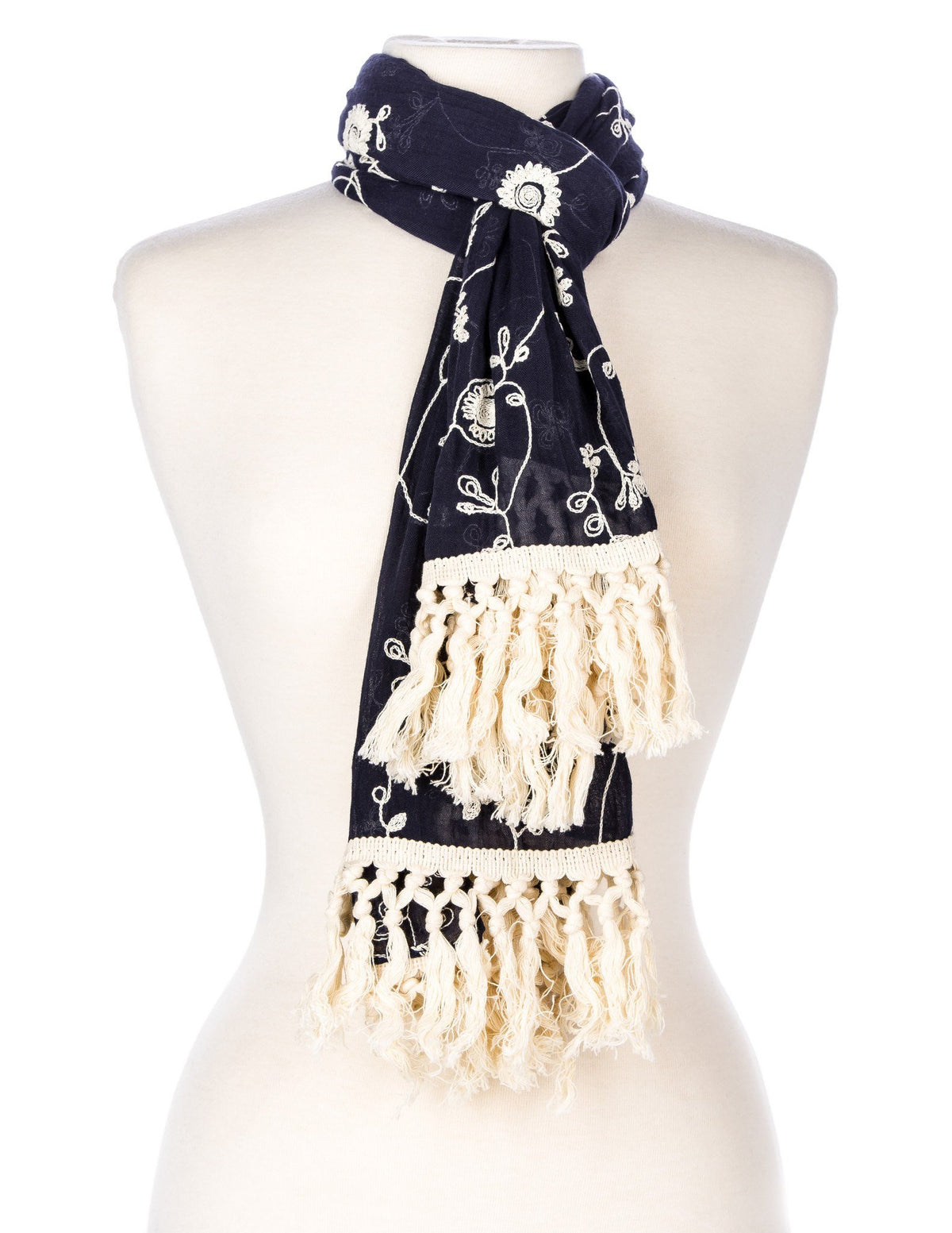 Embroidered Vine Scarf with Tassles - Navy