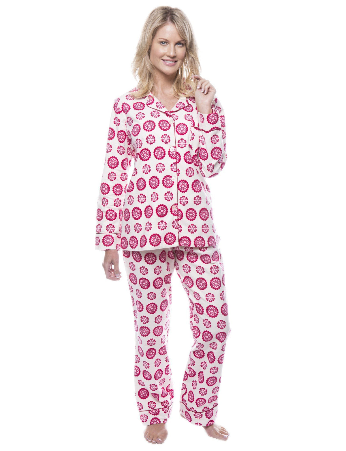 Women's 100% Cotton Flannel Pajama Sleepwear Set - Mandala Cream/Red