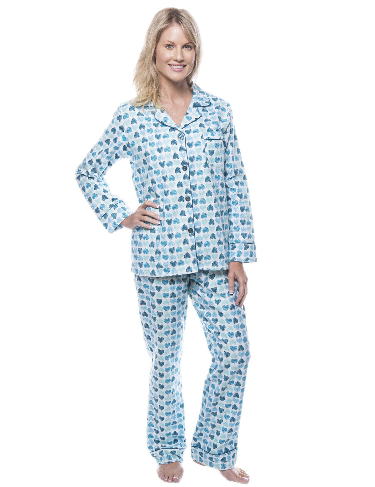 Women's 100% Cotton Flannel Pajama Sleepwear Set - Scribbled Hearts White/Blue