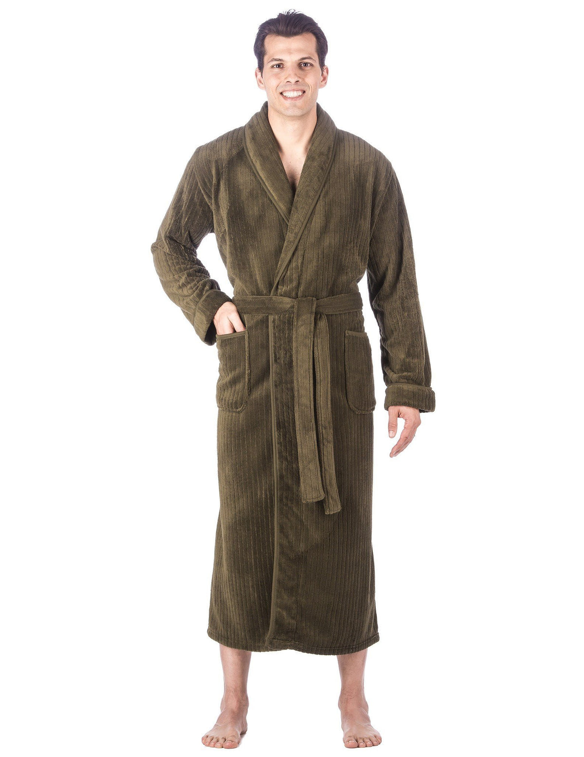 Men's Premium Coral Fleece Full Length Plush Spa/Bath Robe - Olive