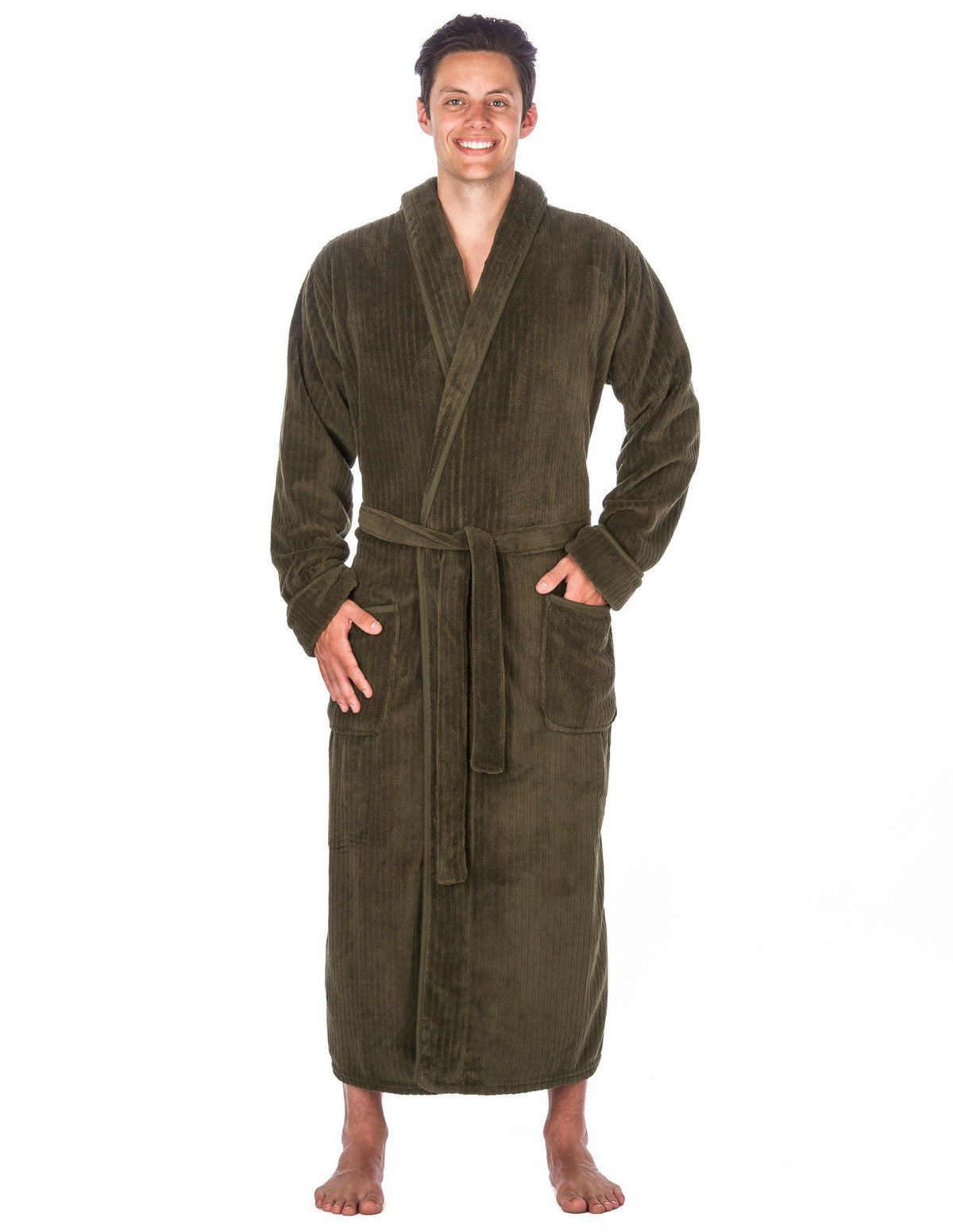 Men's Premium Coral Fleece Long Hooded Plush Spa/Bath Robe - Olive