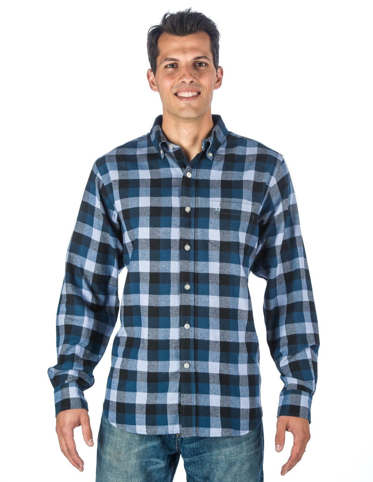 Mens 100% Cotton Flannel Shirt - Regular Fit - Denim Checks