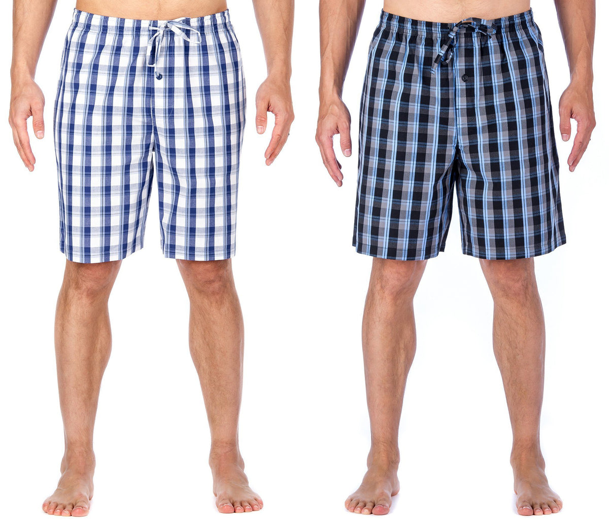 Men's Premium Cotton Sleep Shorts (2-Pack) - Blue/Grey - Blue/White Plaid