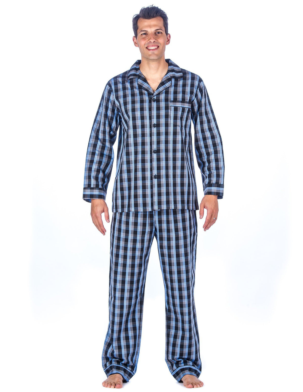 Mens Premium 100% Cotton Woven Pajama Sleepwear Set - Plaid Blue/Grey