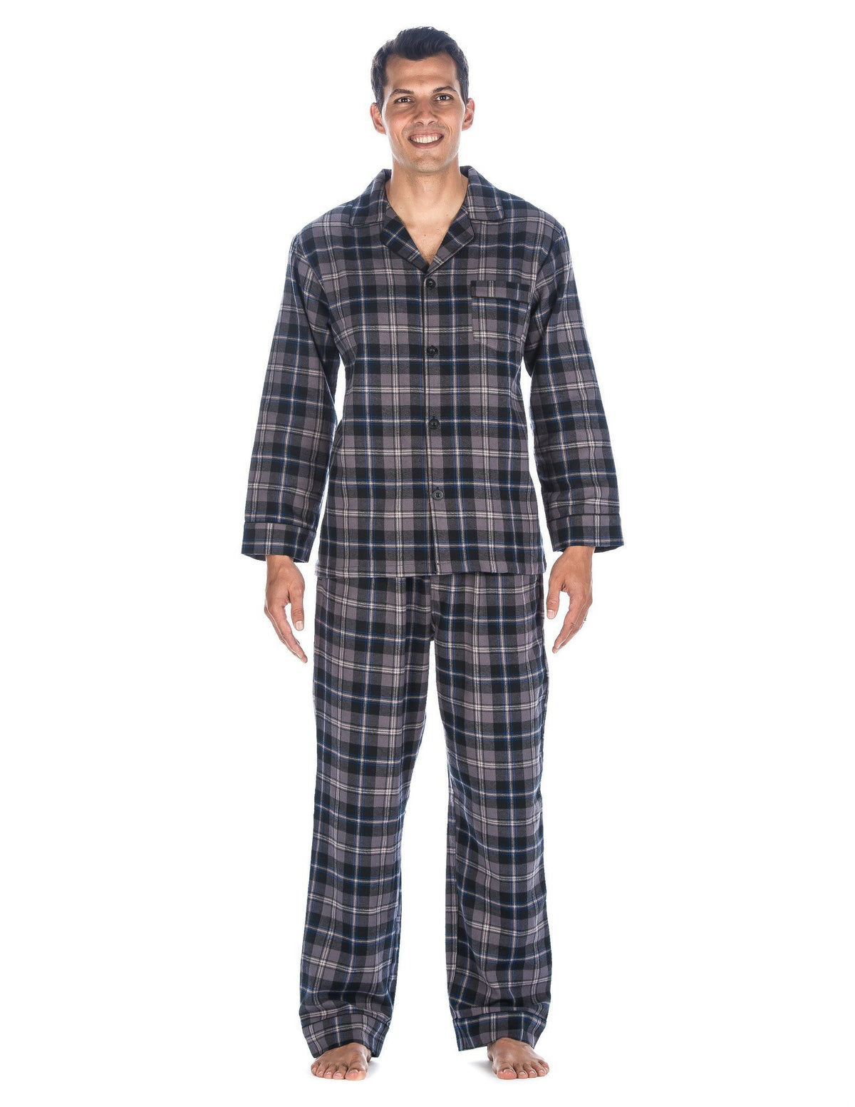 Relaxed Fit Men's Premium 100% Cotton Flannel Pajama Sleepwear Set - Black-Brown Tone Plaid