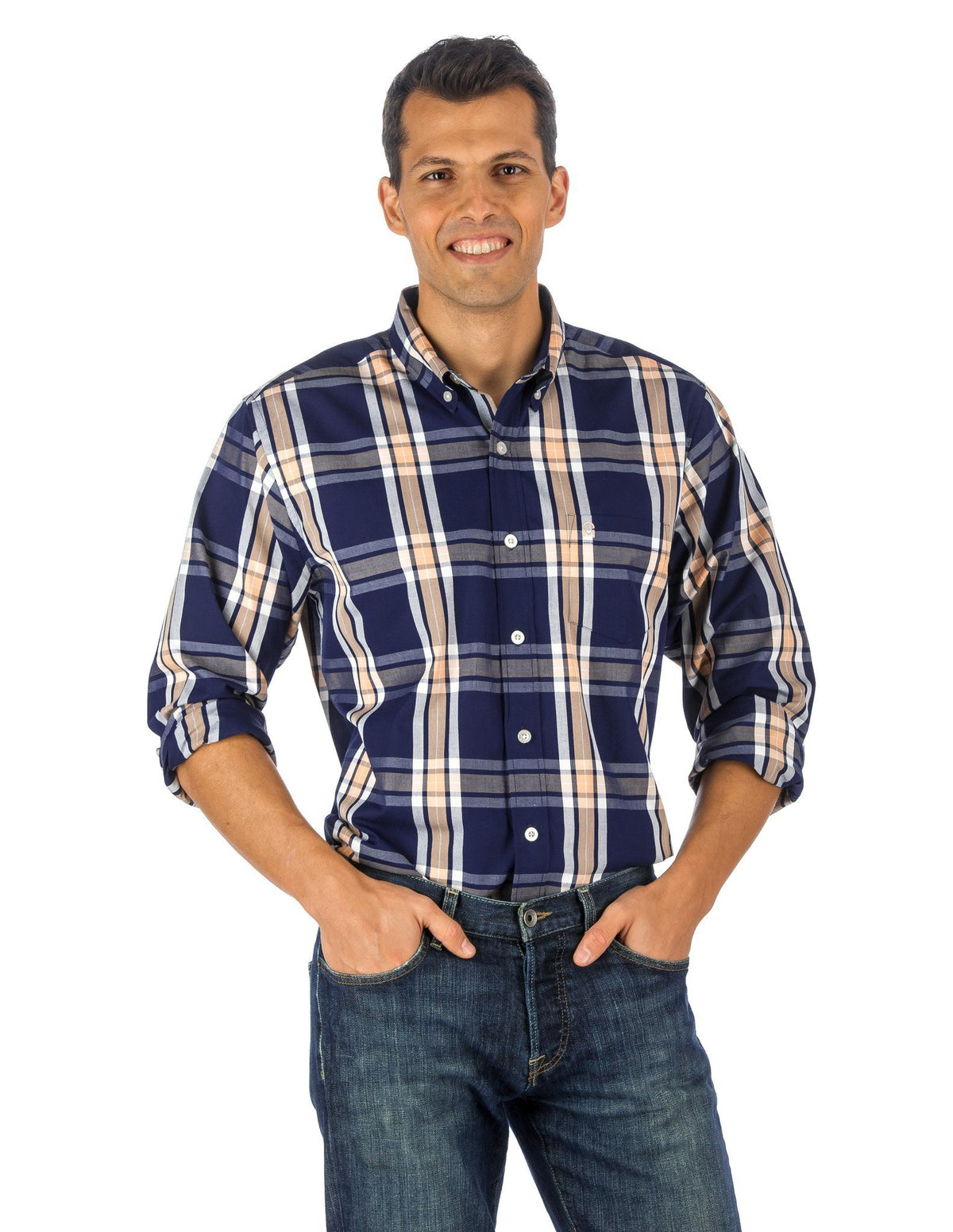Men's 100% Cotton Casual Shirt - Regular Fit - Plaid Blue/Peach