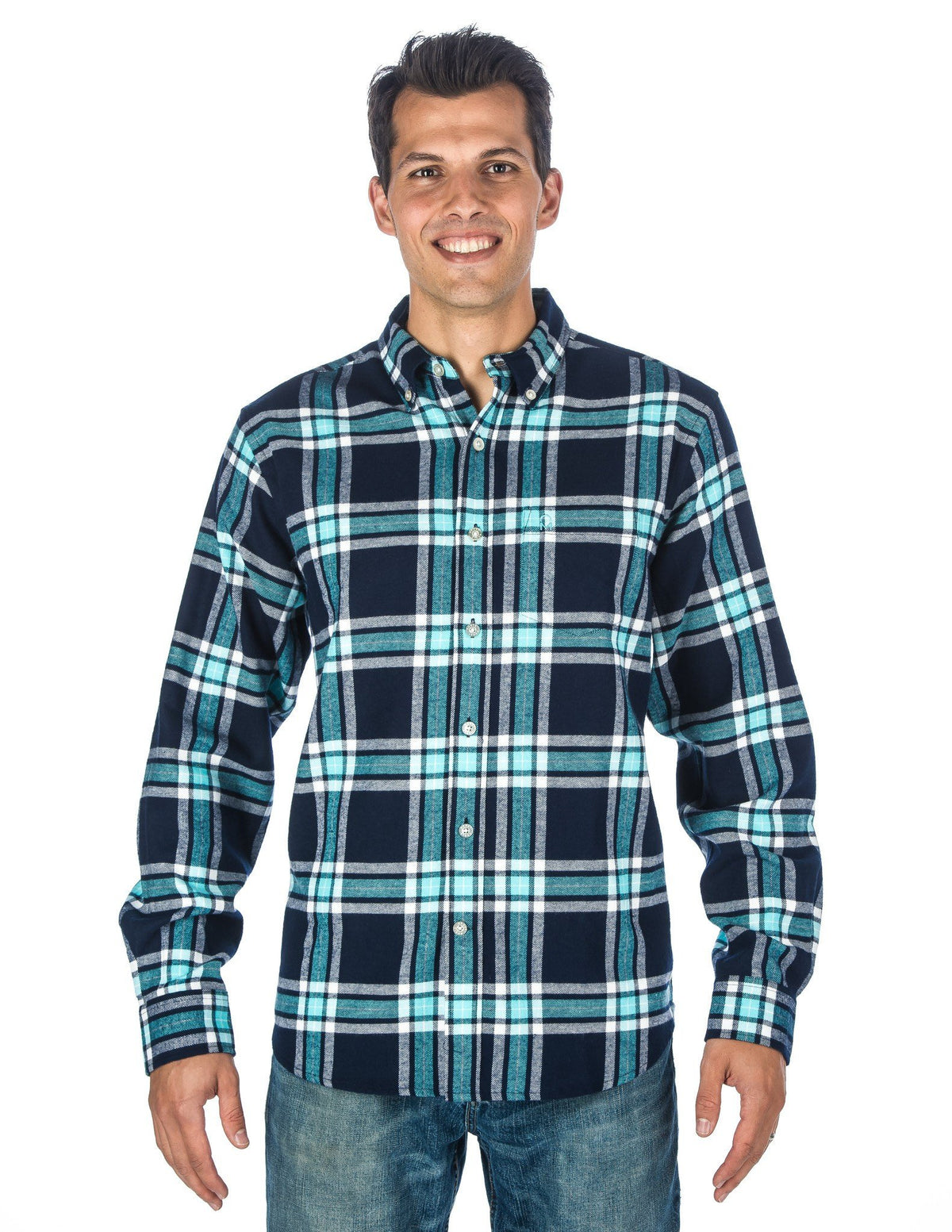 Mens 100% Cotton Flannel Shirt - Regular Fit - Navy-Blue Plaid