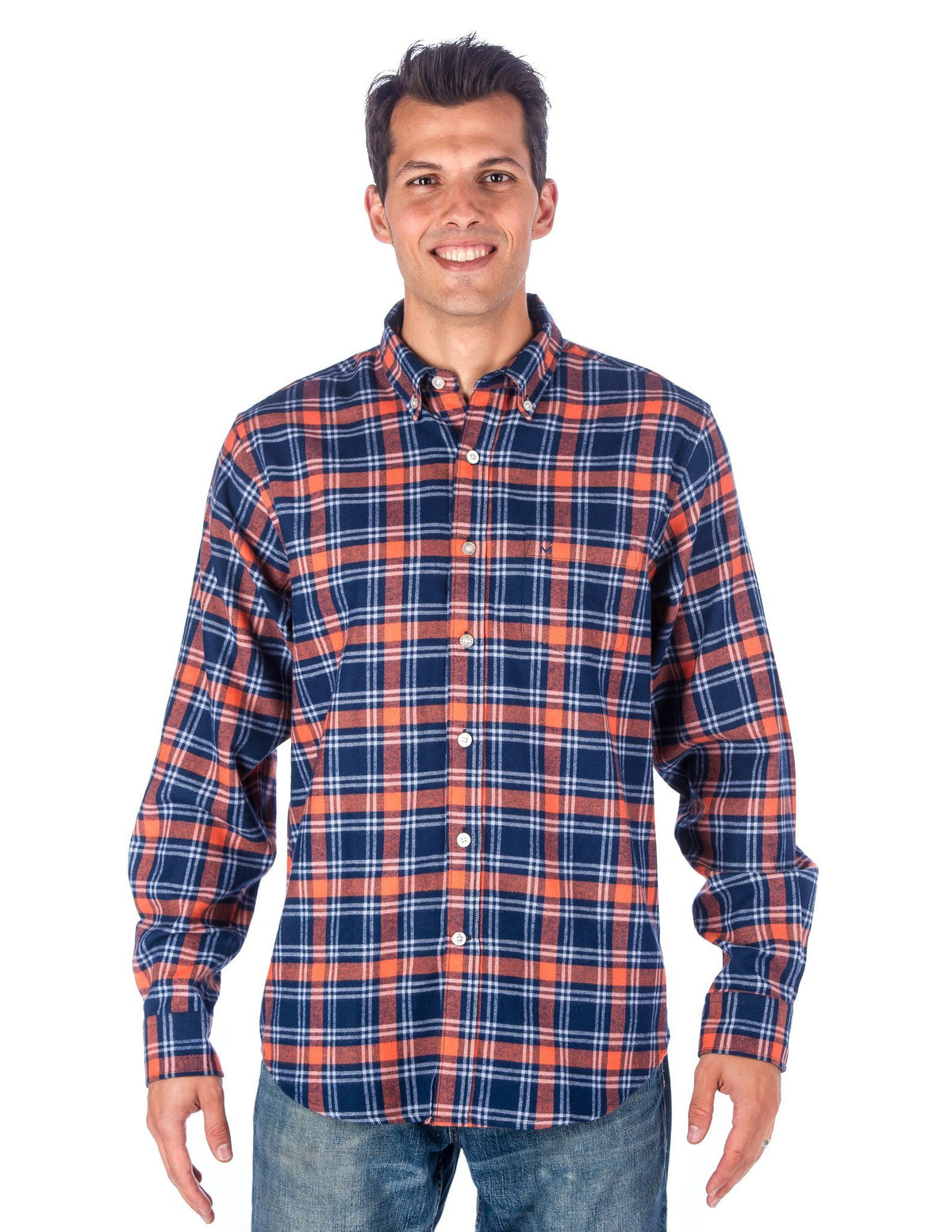 Mens 100% Cotton Flannel Shirt - Regular Fit - Navy-Rust Plaid