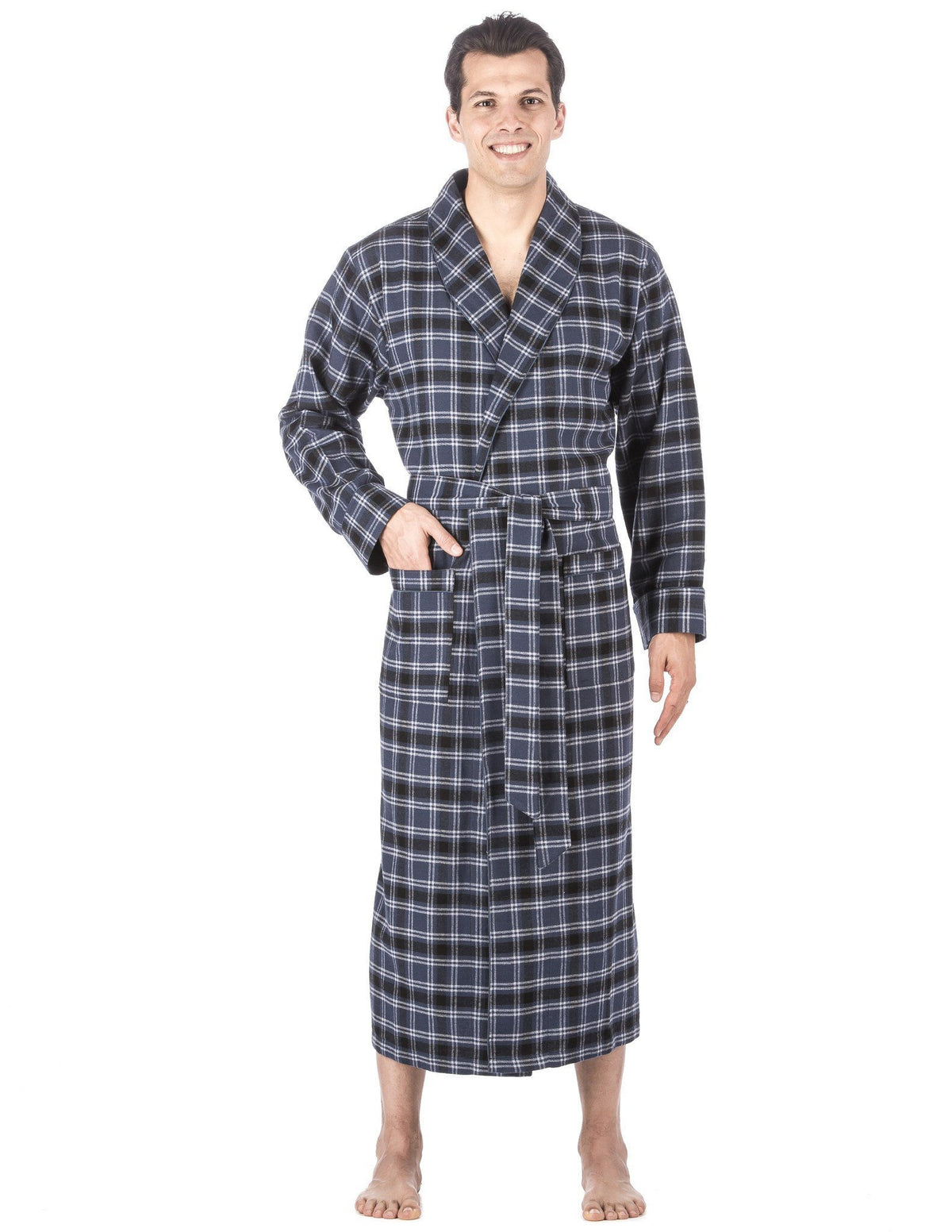 Box Packaged Men's Premium 100% Cotton Flannel Long Robe - Blue/Black
