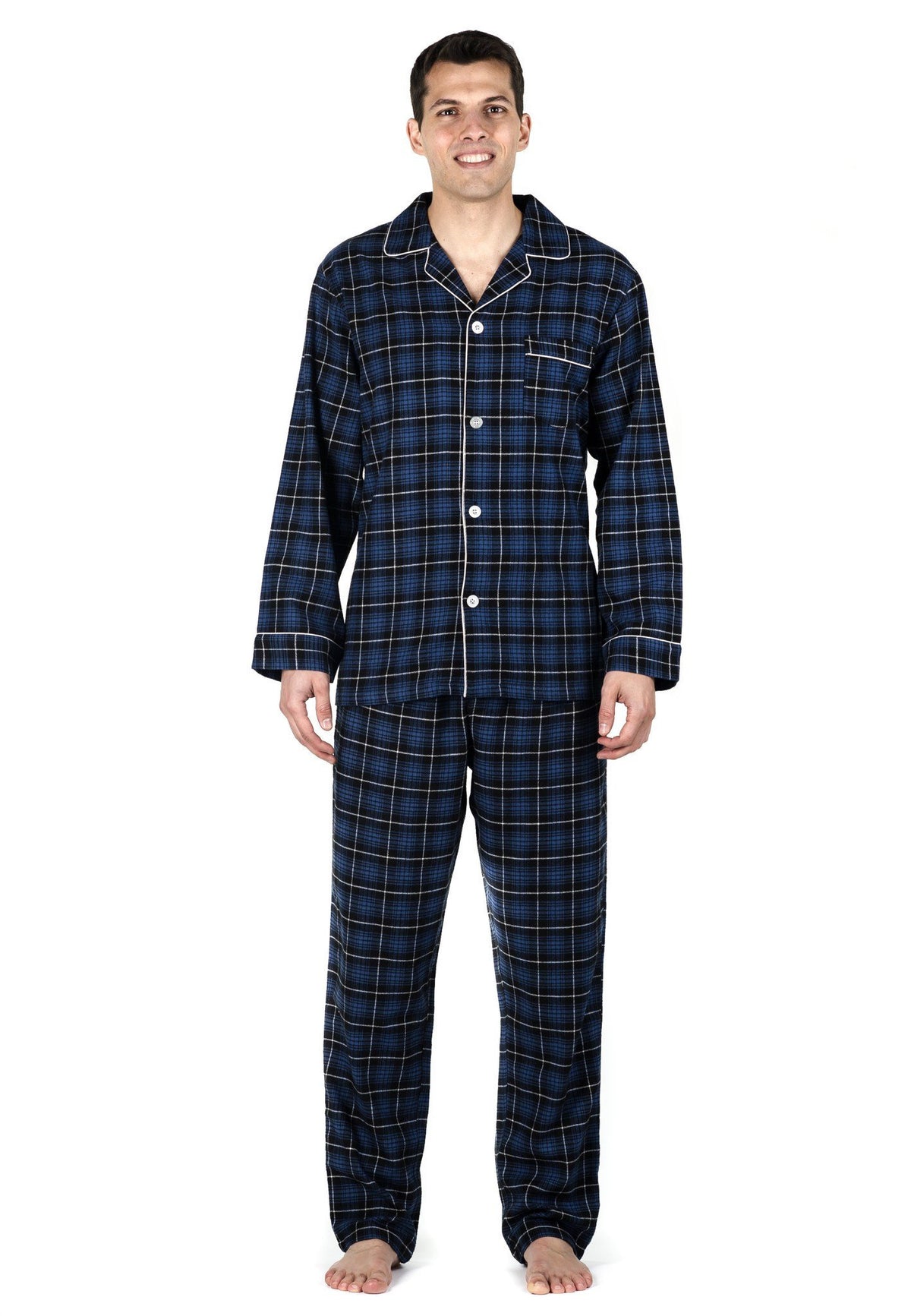 Men's Premium 100% Cotton Flannel Pajama Sleepwear Set (Relaxed Fit) - Black/Navy Plaid
