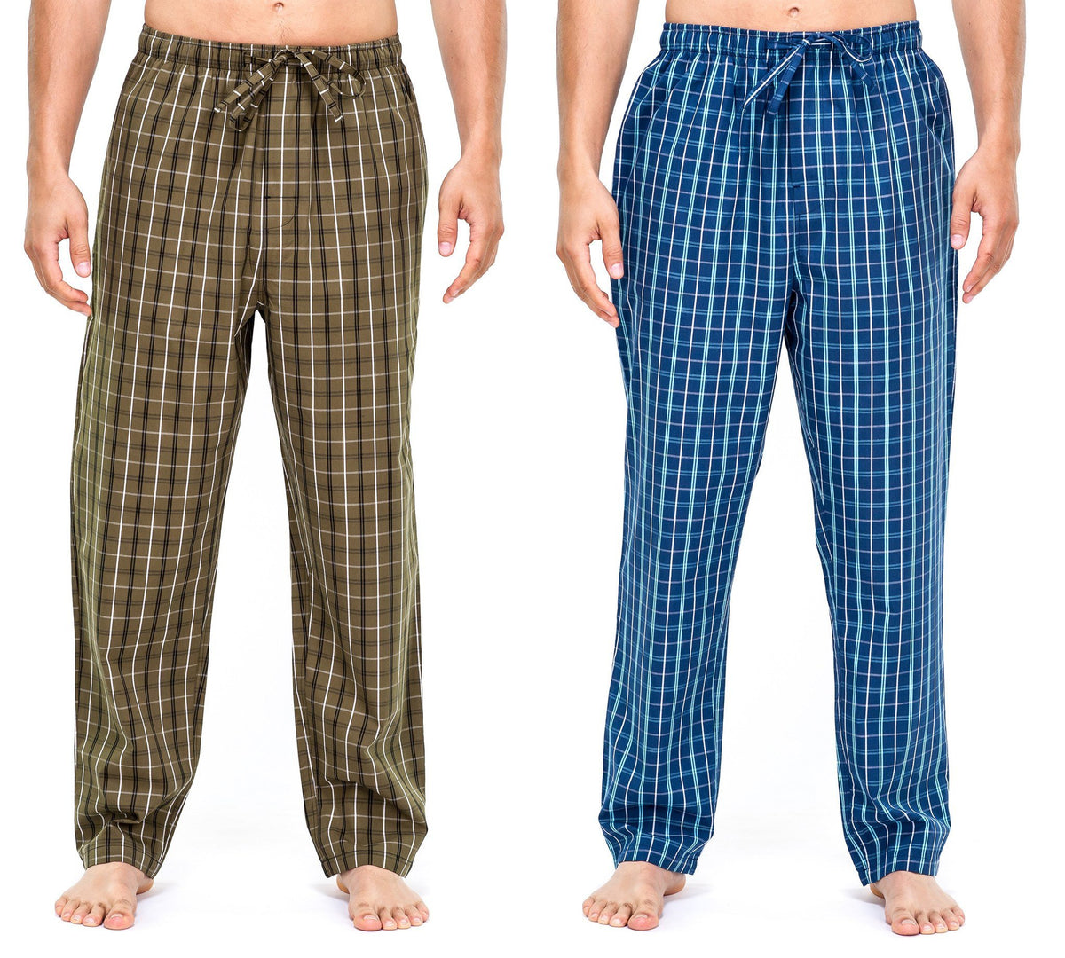 Men's Premium Cotton Lounge/Sleep Pants - 2 Pack - 2-Pack (Dark Blue - Military Olive Plaid)