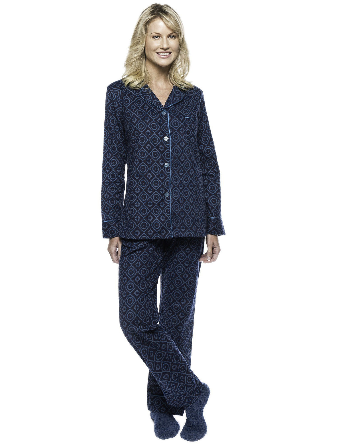 Boxed Pacakged Womens Premium Cotton Flannel Pajama Sleepwear Set with Free Plush Socks - Moroccan Navy/Teal
