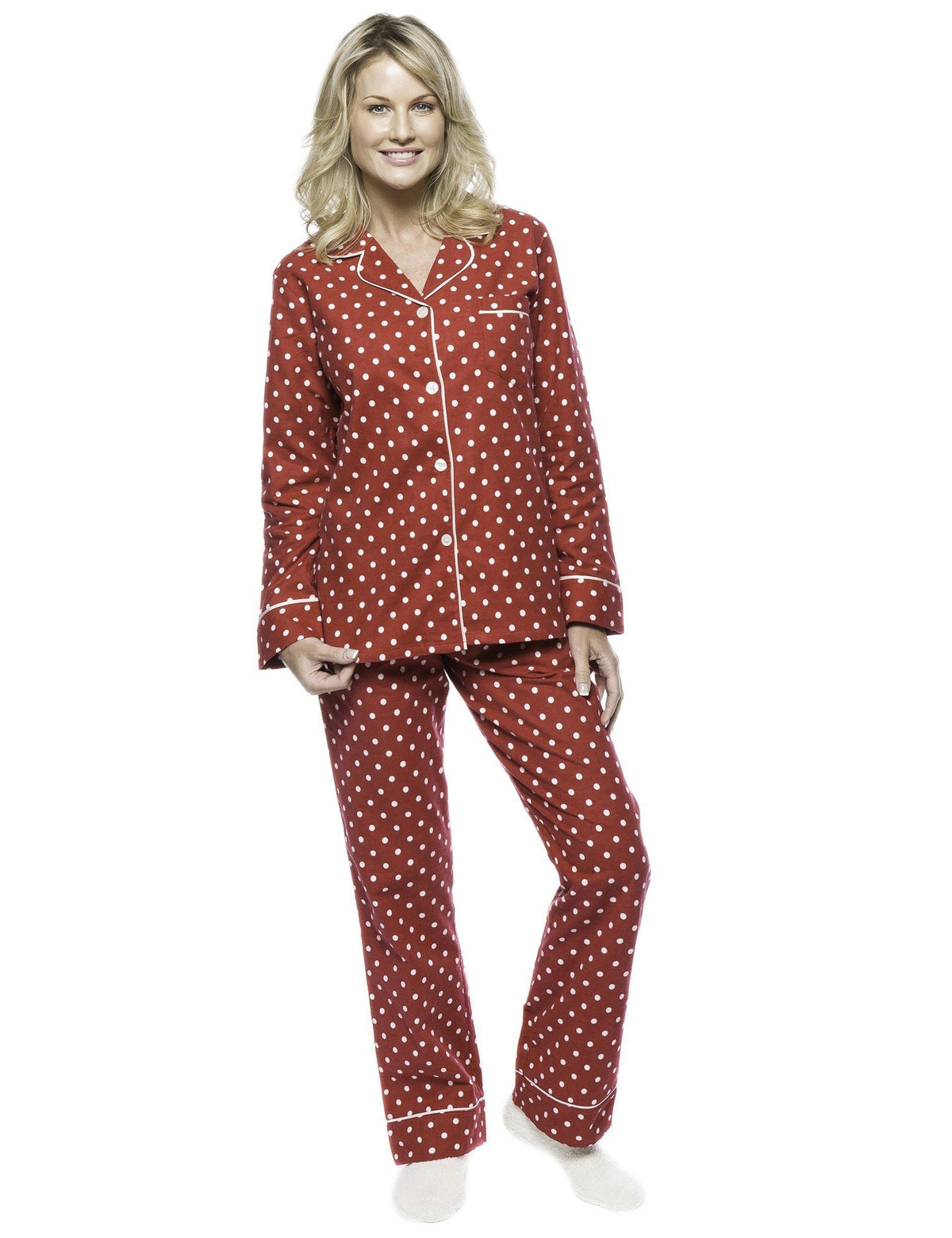 Boxed Pacakged Womens Premium Cotton Flannel Pajama Sleepwear Set with Free Plush Socks - Dots Diva Red