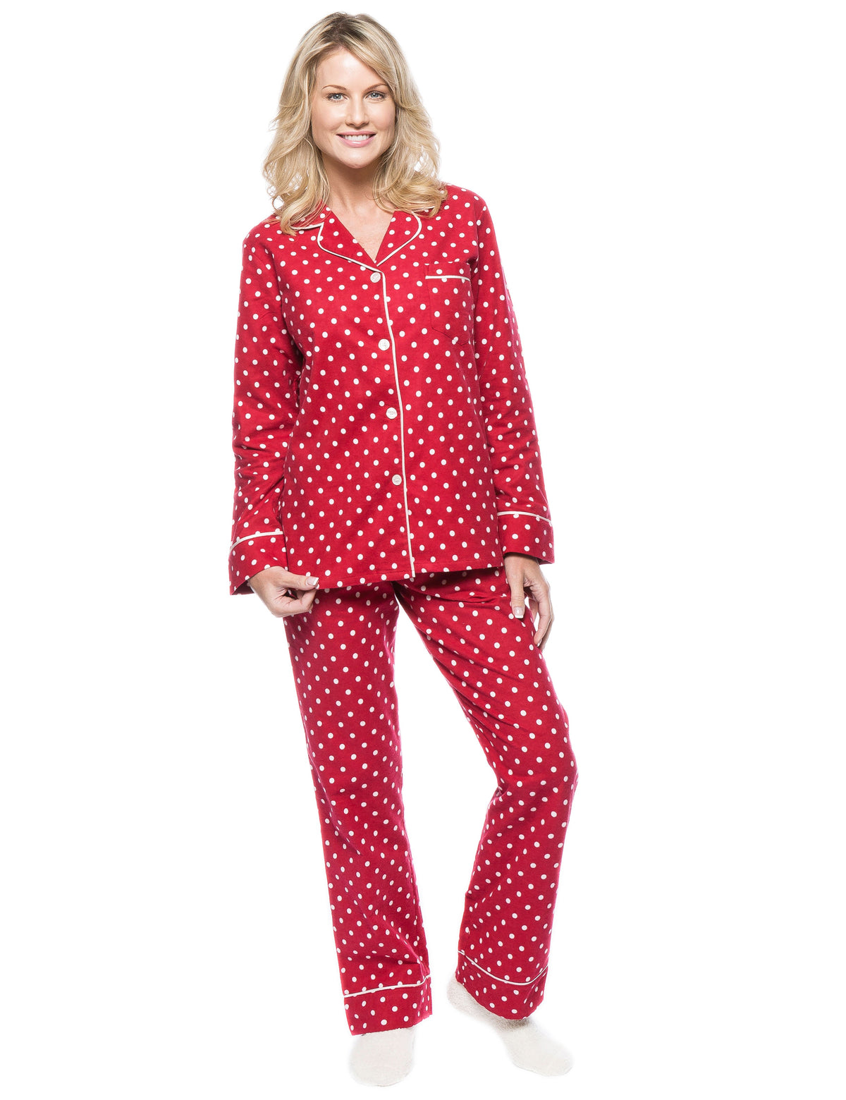 Womens Premium 100% Cotton Flannel Pajama Sleepwear Set - Dots Diva Red-White