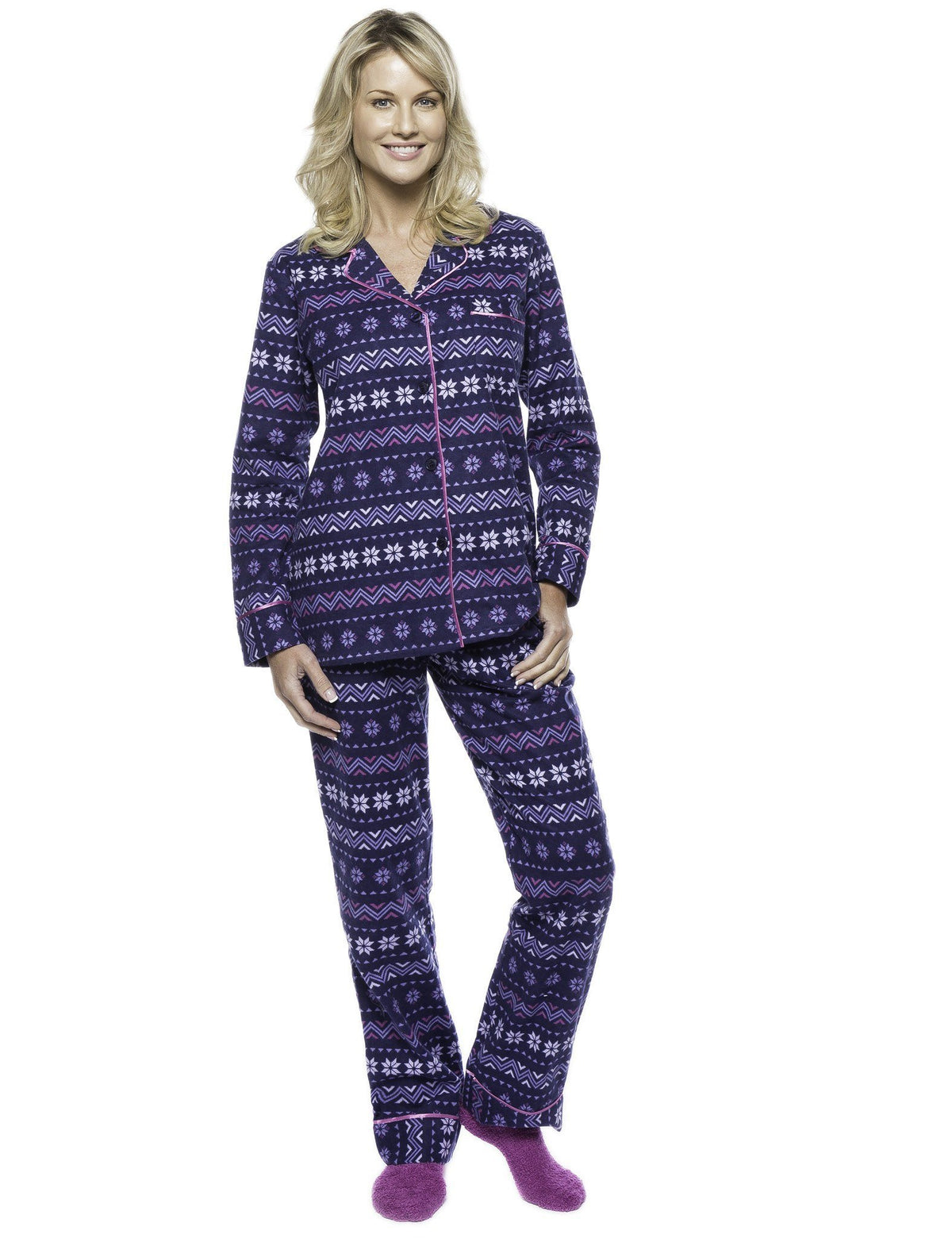 Boxed Pacakged Womens Premium Cotton Flannel Pajama Sleepwear Set with Free Plush Socks - Nordic Snowflakes Blue