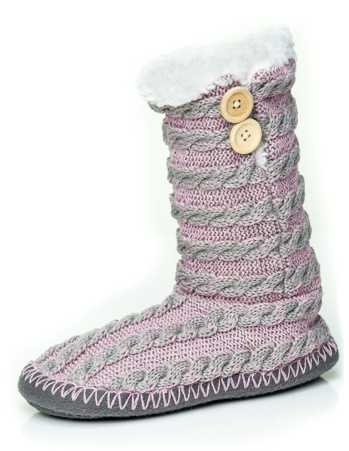 Women's Cable Knit Button Accent Indoor Boot Slippers - Pink/Gray