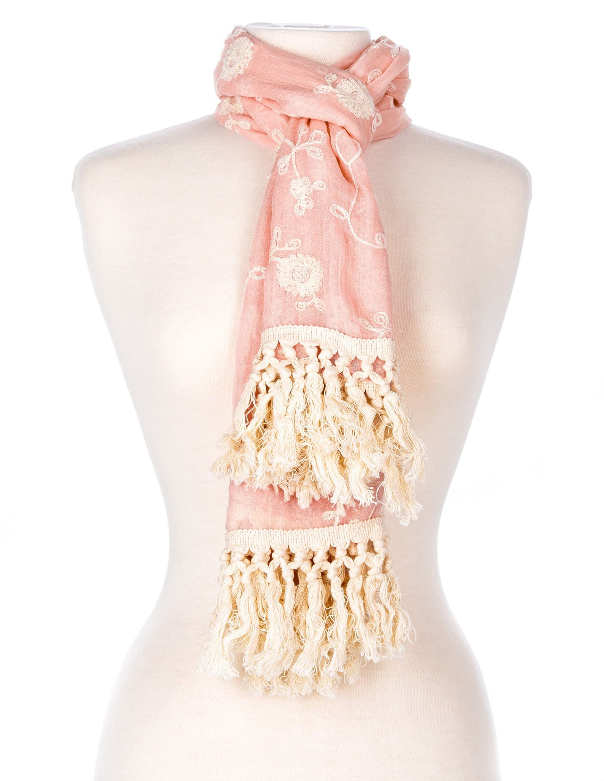 Embroidered Vine Scarf with Tassles - Pink