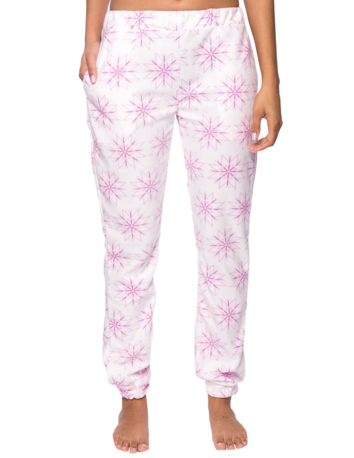 Women's Premium Microfleece Jogger Lounge Pant - Snowflakes White/Purple