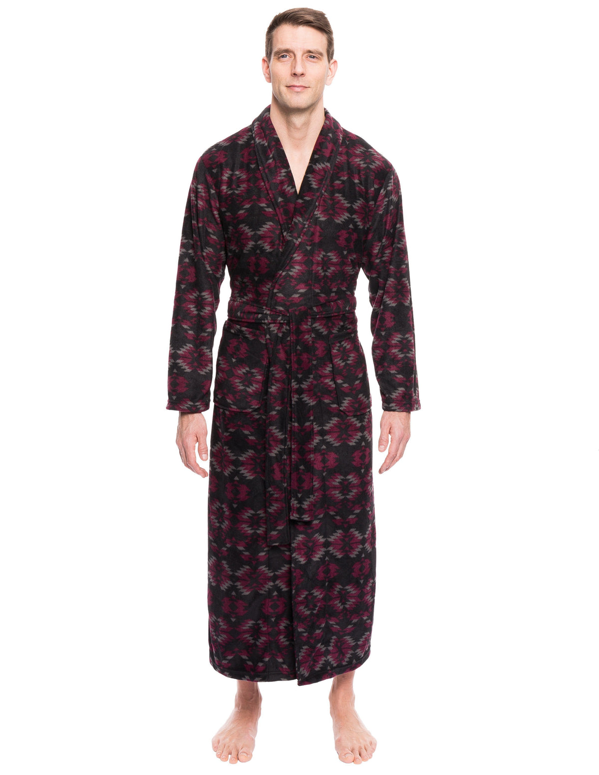 Men's Premium Microfleece Long Robe - Aztec Black/Fig
