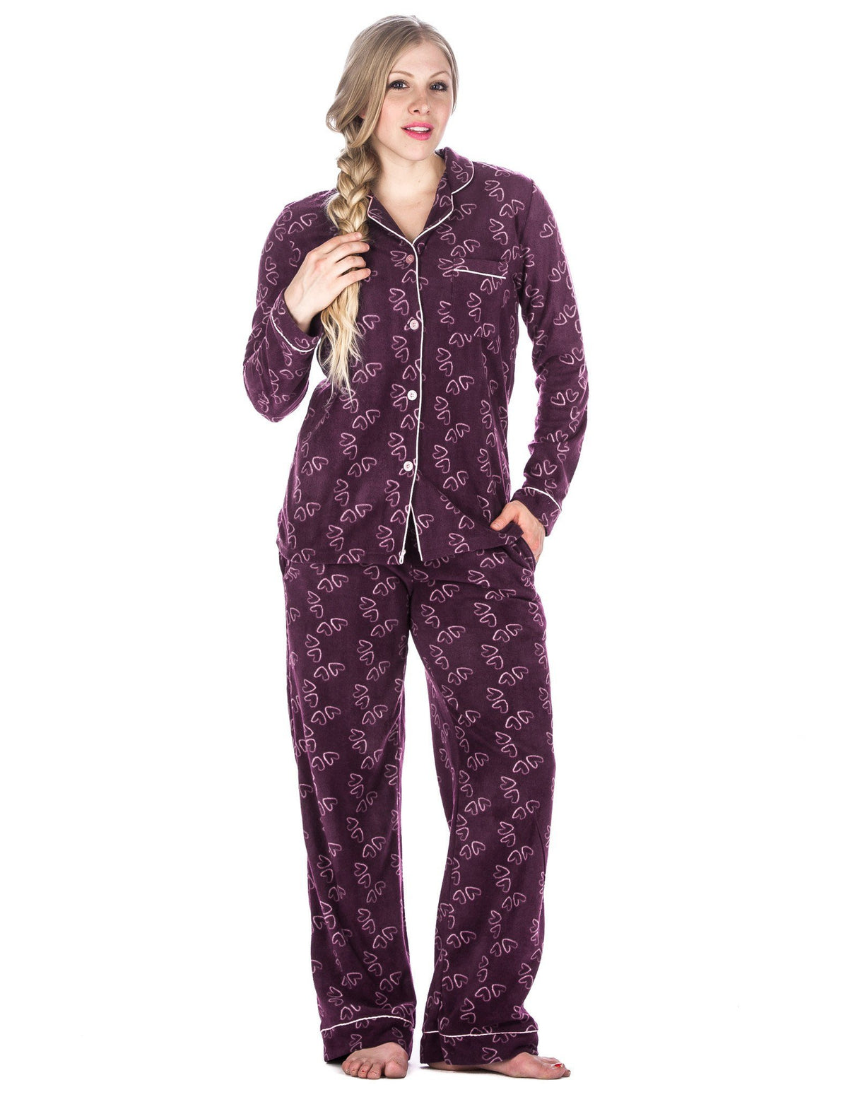 Box Packaged Women's Microfleece Pajama Sleepwear Set - Hearts - Purple