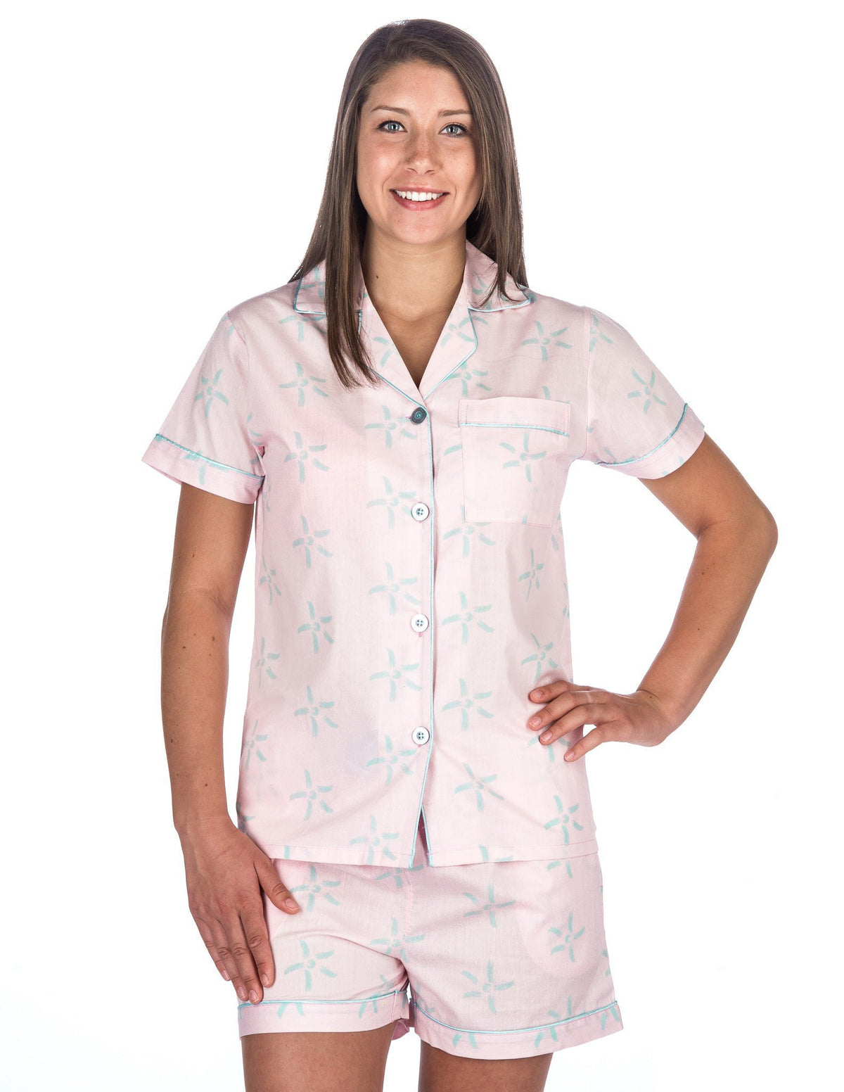 Women's Premium 100% Cotton Poplin Short Pajama Set - Starlight - Pink/Aqua