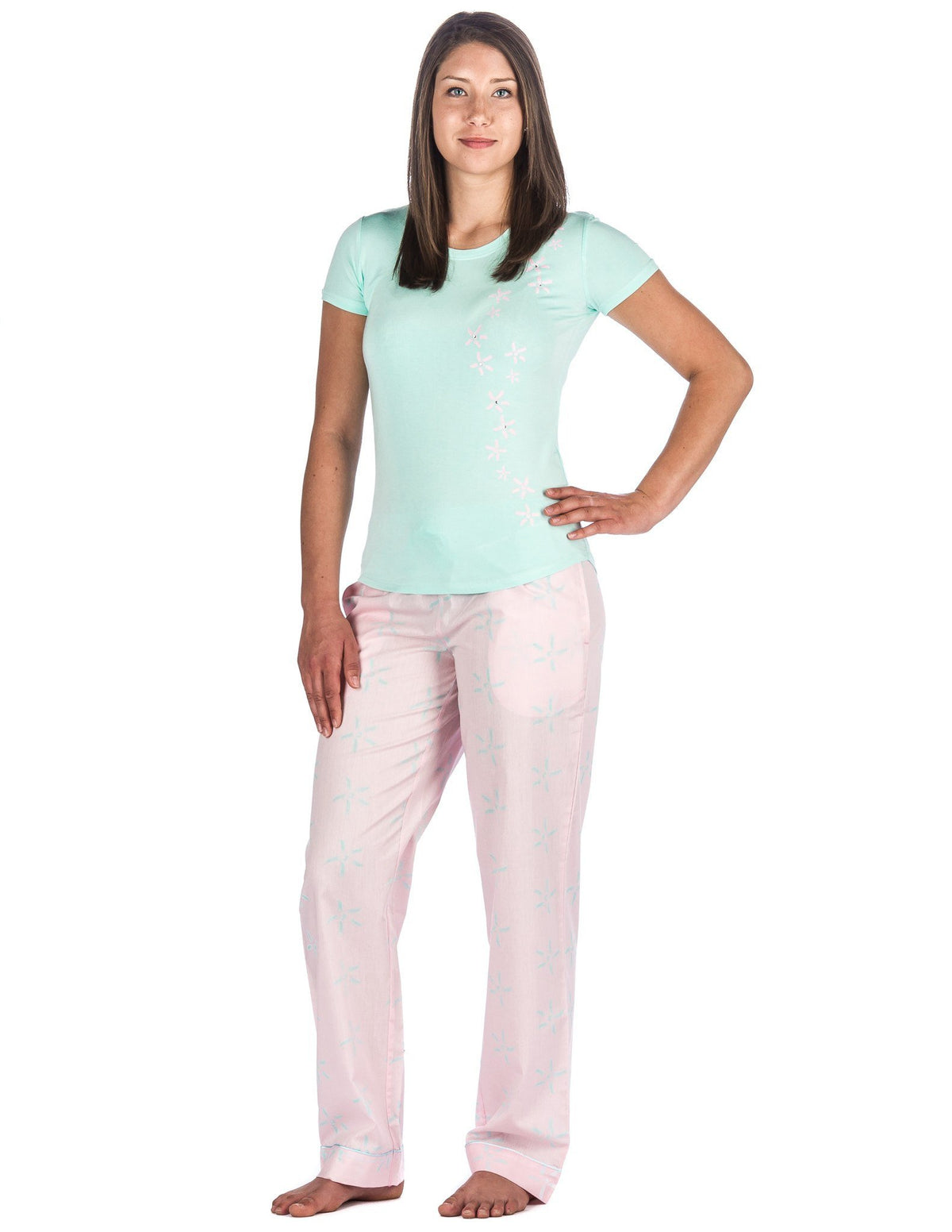 Women's Premium Cotton Poplin Lounge/Sleepwear Set - Starlight - Pink/Aqua