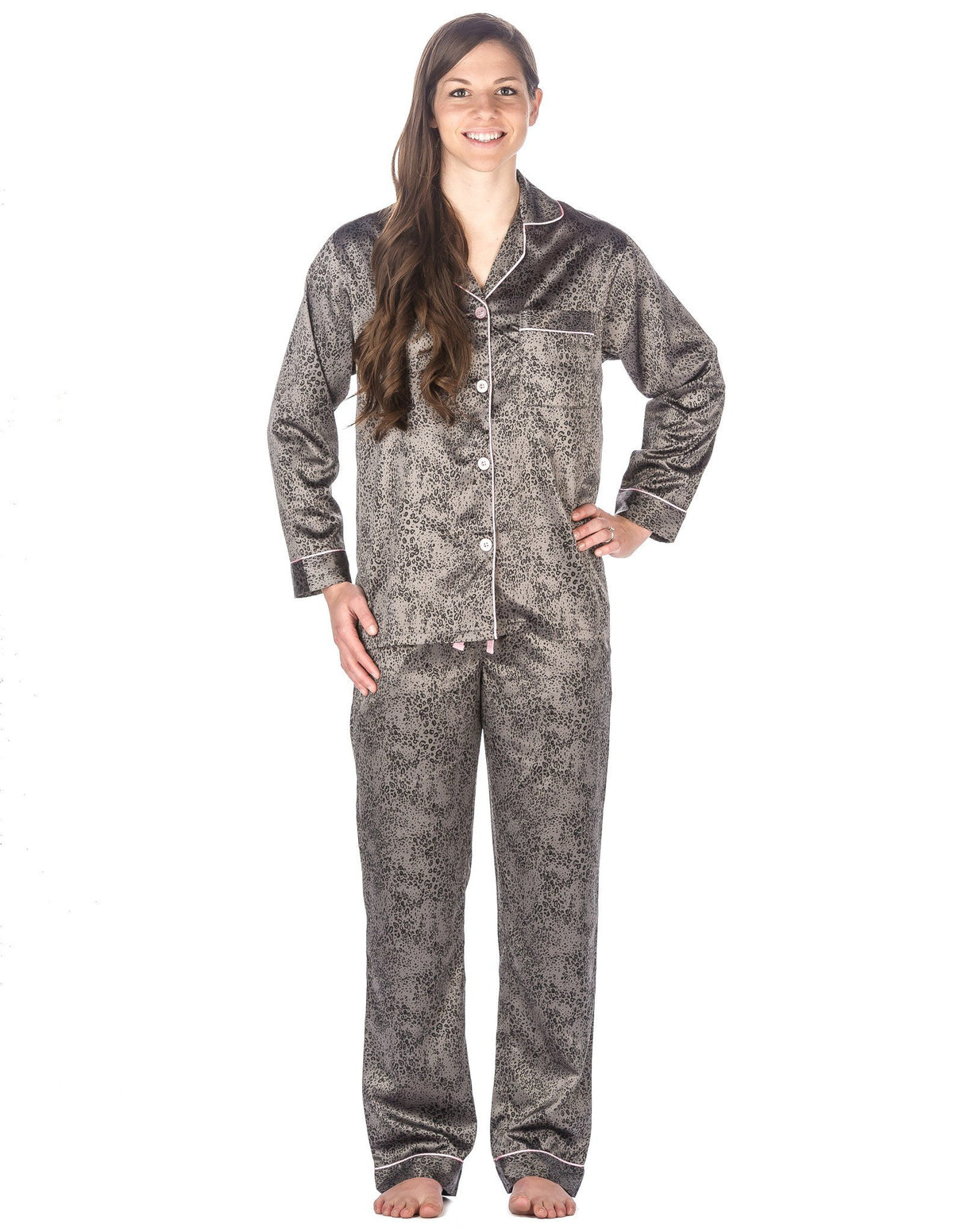 Women's Premium Satin Pajama Sleepwear Set - Leopard - Gray/Black