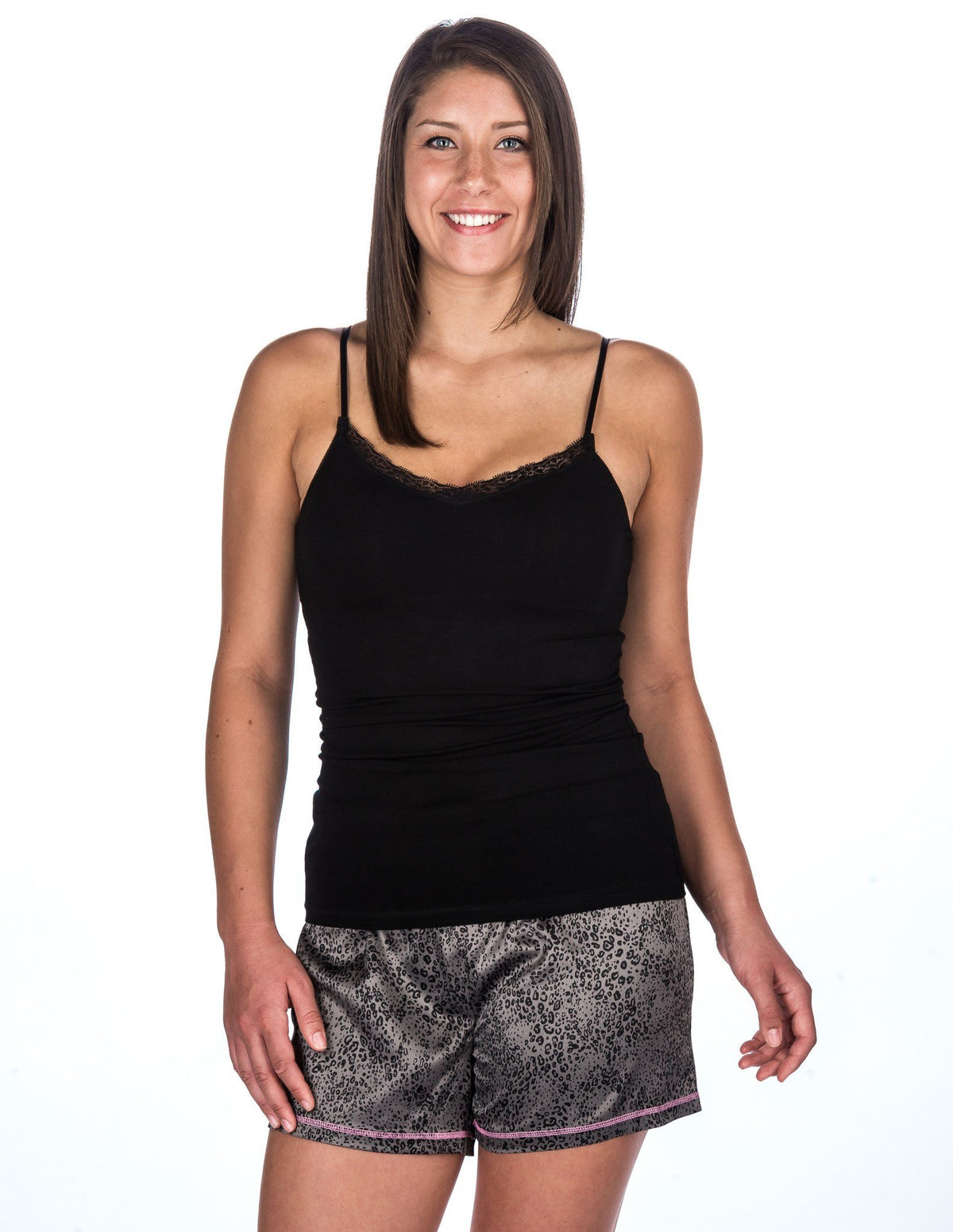 Women's Premium Satin Shorts and Cami Sleep Set - Leopard - Gray/Black